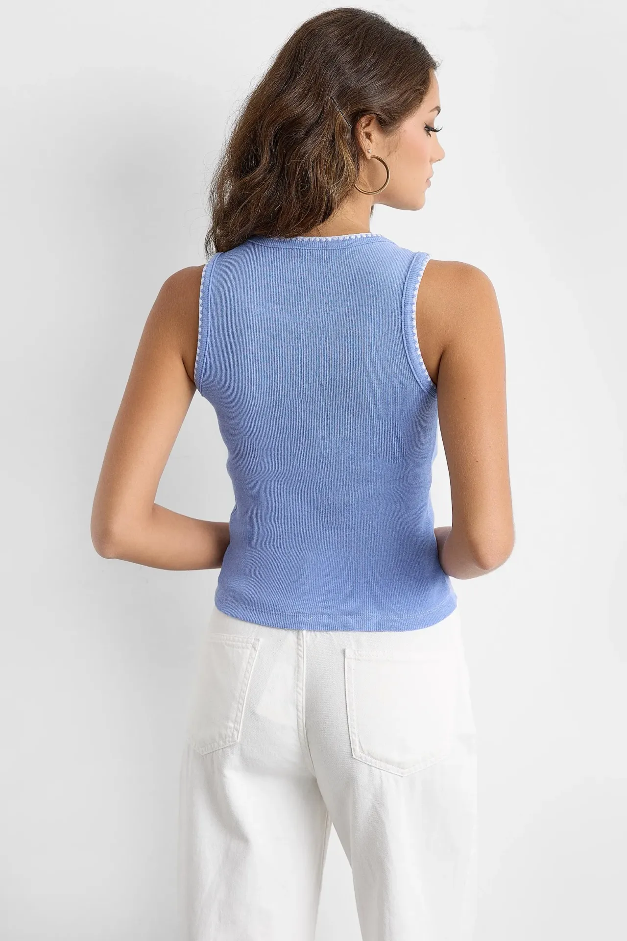 Contrast Detail Sleeveless Blouse with Blanket Stitch