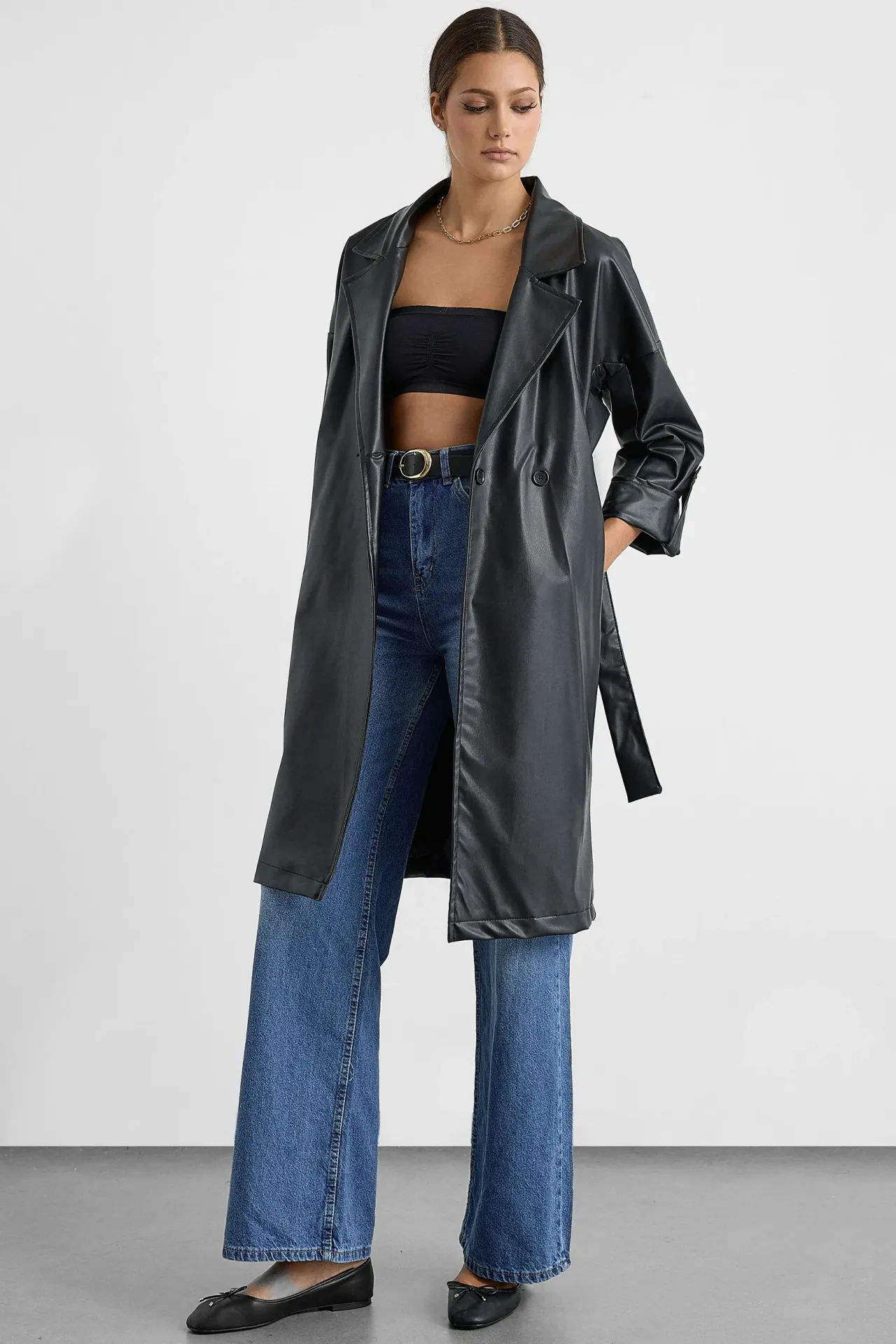 Faux Leather Belted Trench Coat