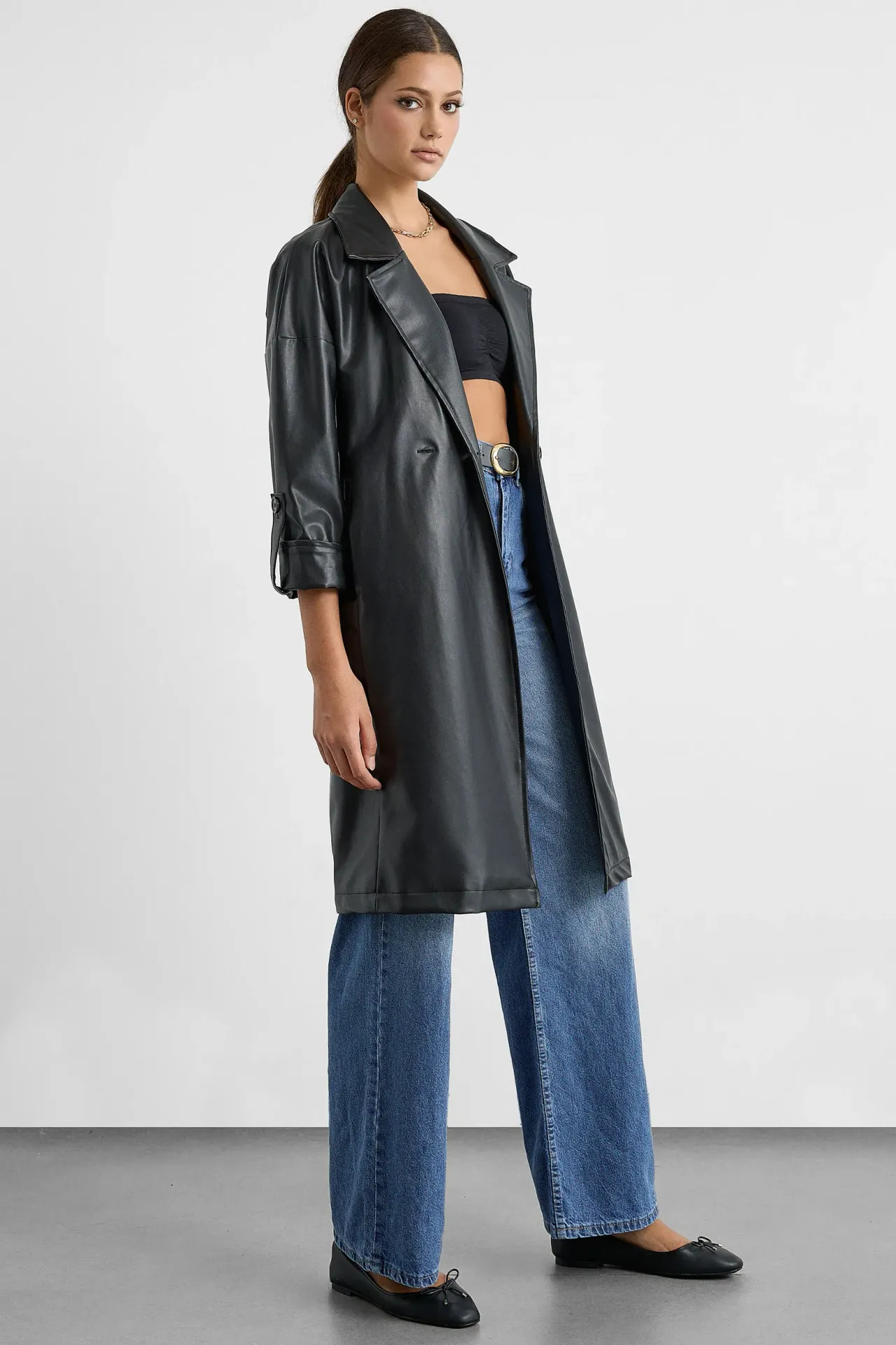 Faux Leather Belted Trench Coat