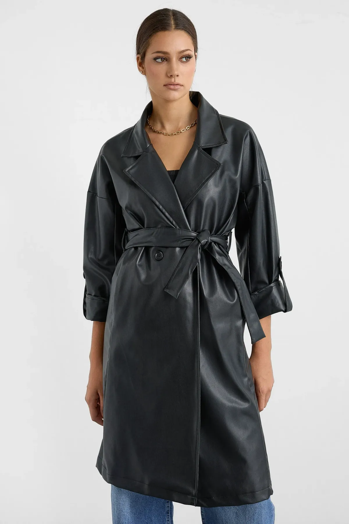Faux Leather Belted Trench Coat 4