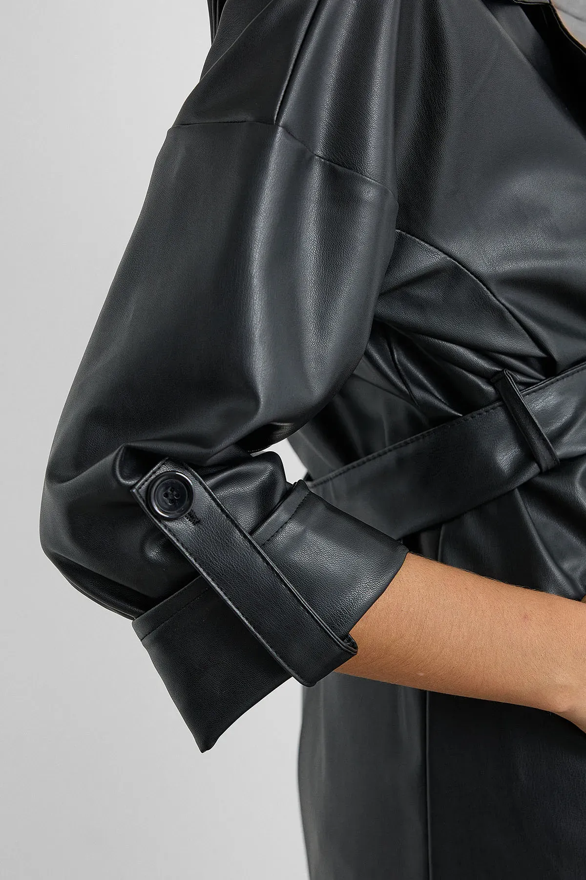 Faux Leather Belted Trench Coat 6