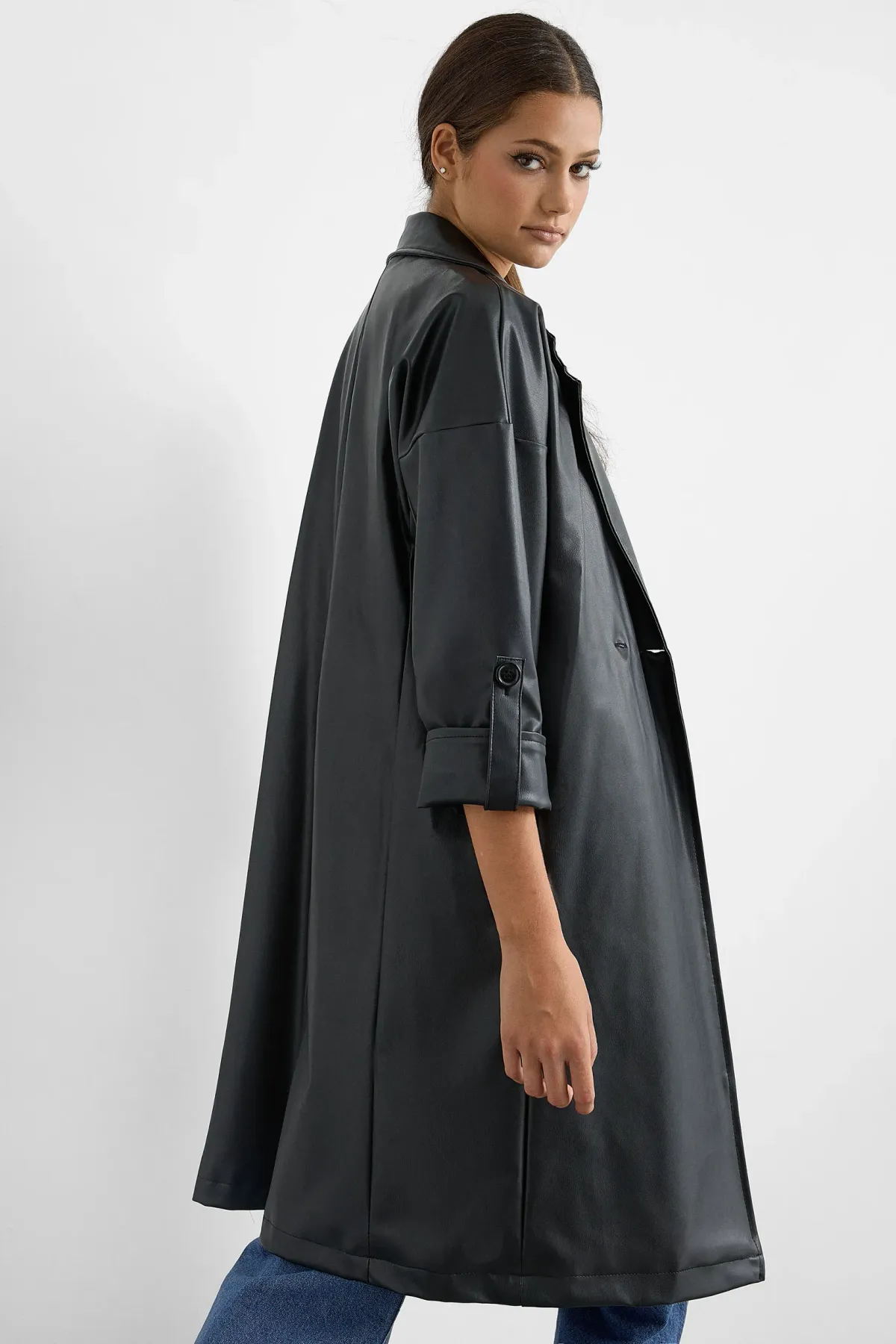 Faux Leather Belted Trench Coat 5