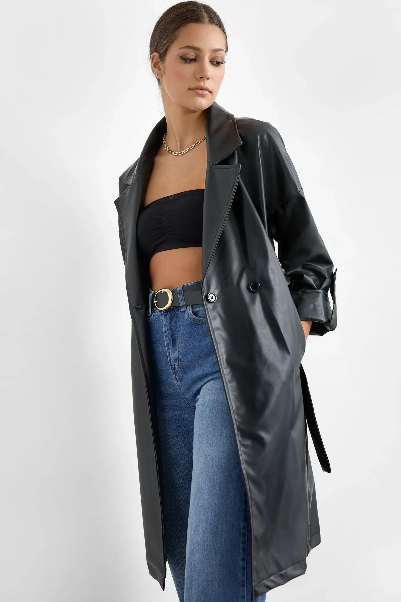 Faux Leather Belted Trench Coat
