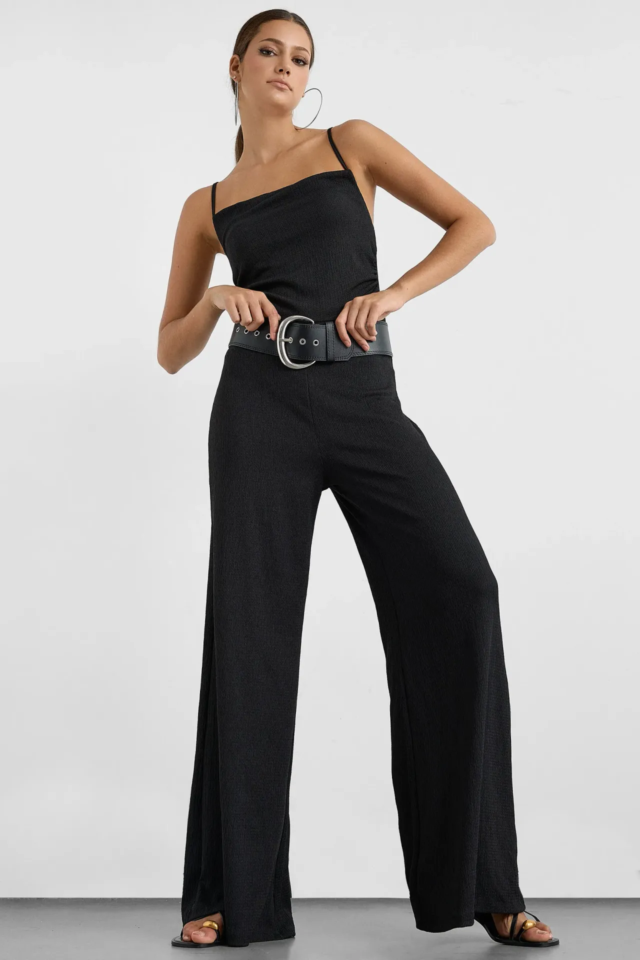 Cowl-Neck Flare Jumpsuit with Strap Detail