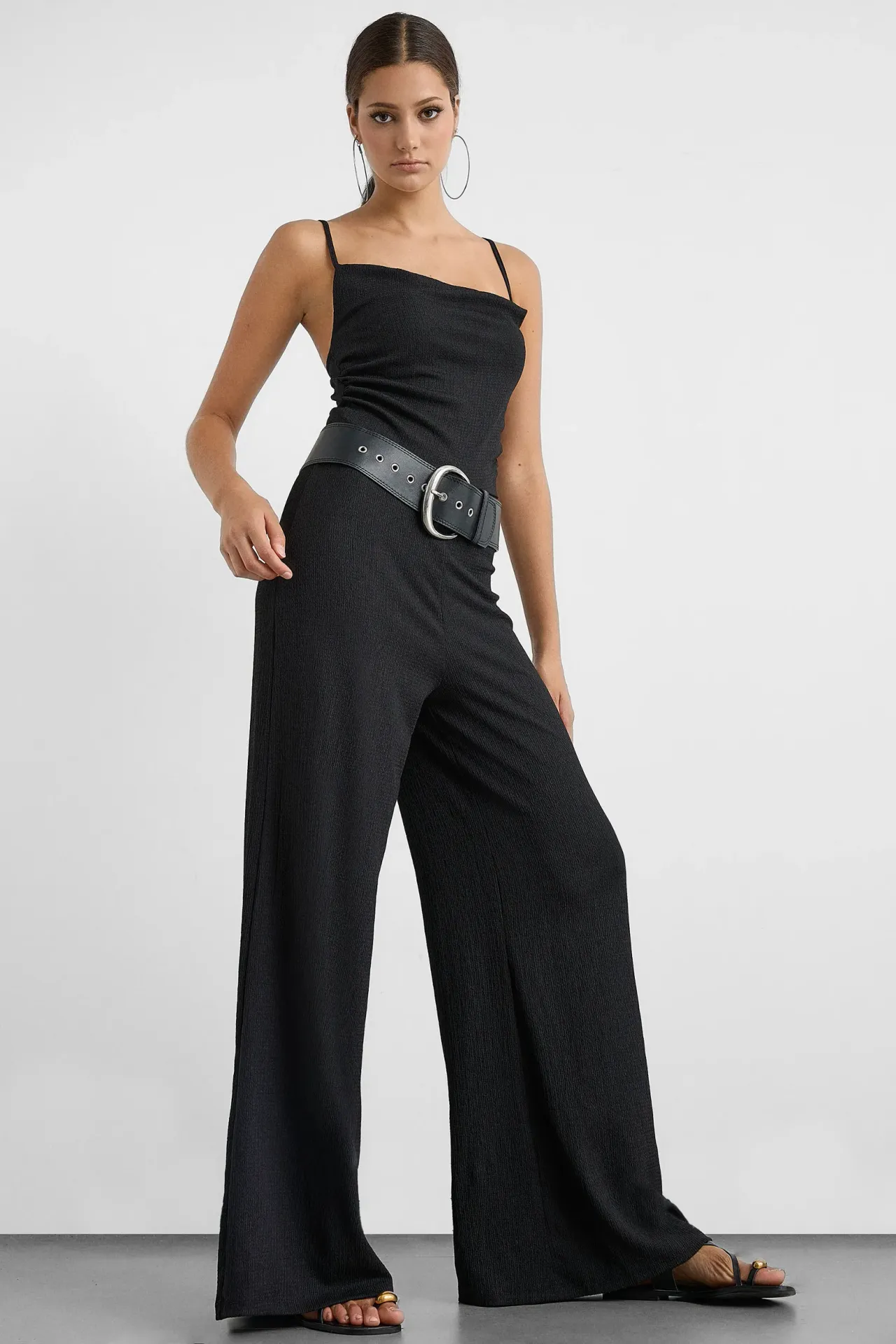 Cowl-Neck Flare Jumpsuit with Strap Detail