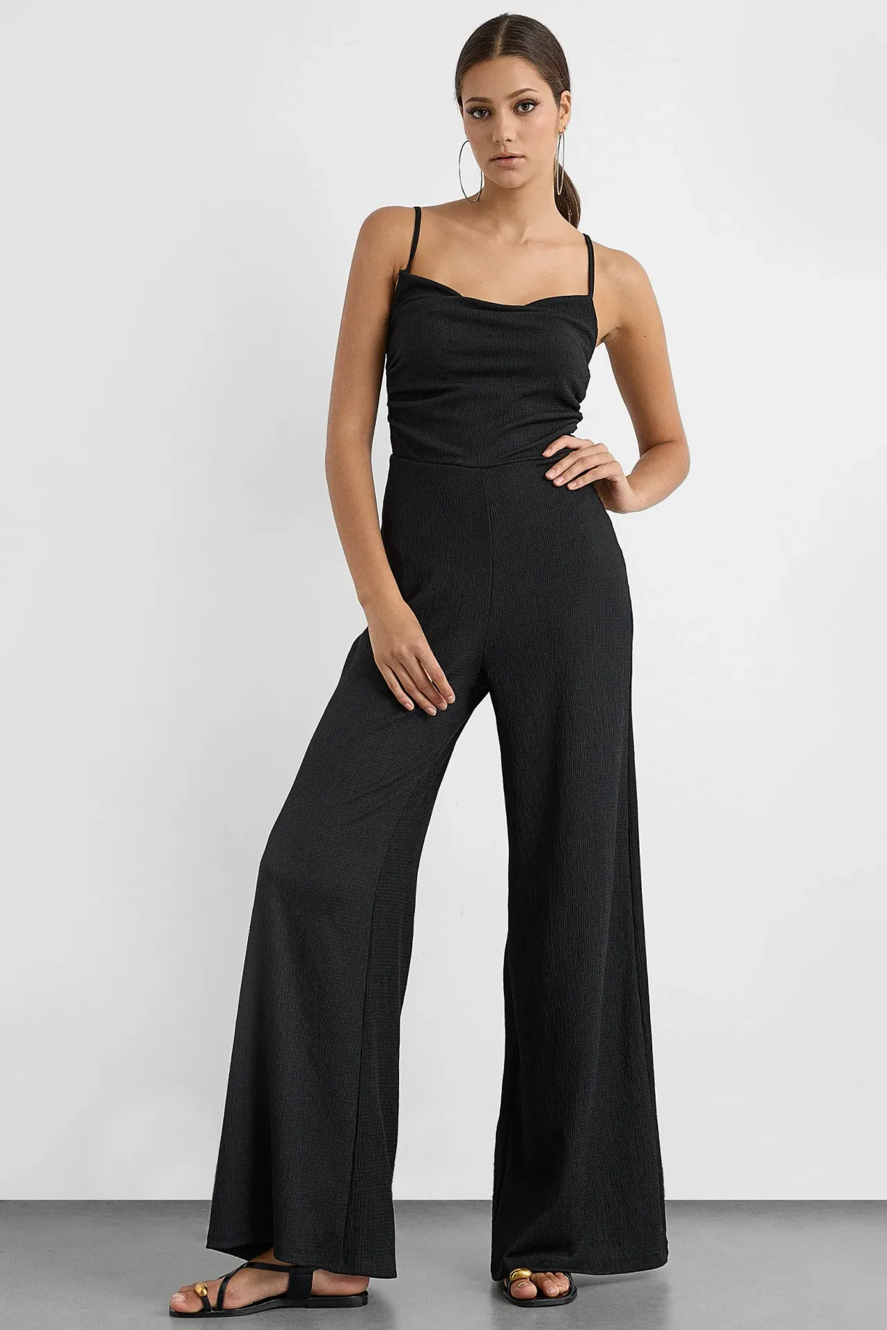 Cowl-Neck Flare Jumpsuit with Strap Detail