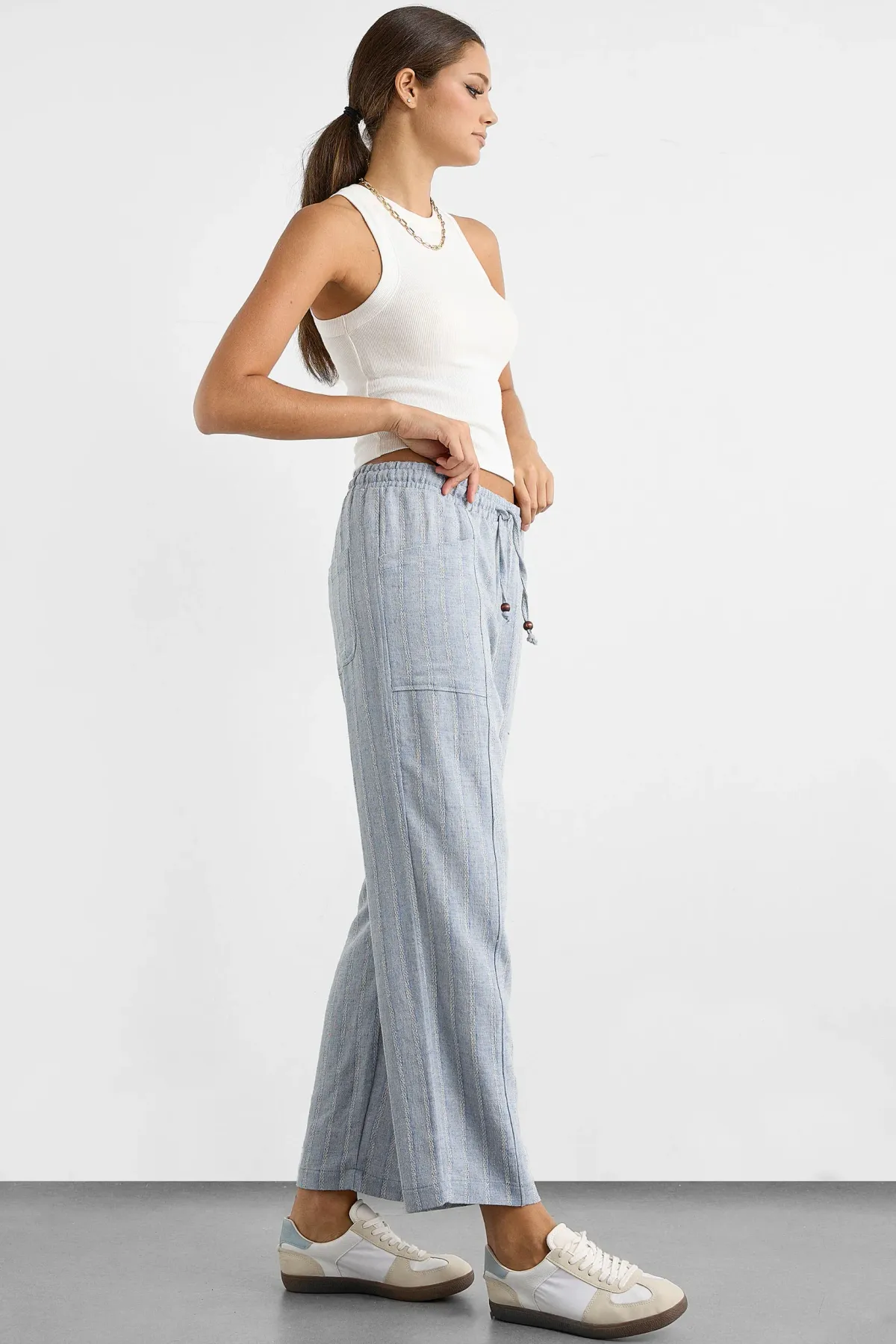 Striped Elastic Waist Straight-Leg Pants 3