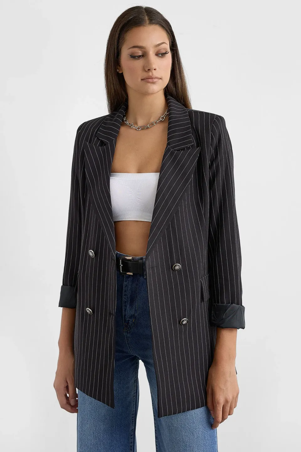 Striped Button-Detail Blazer