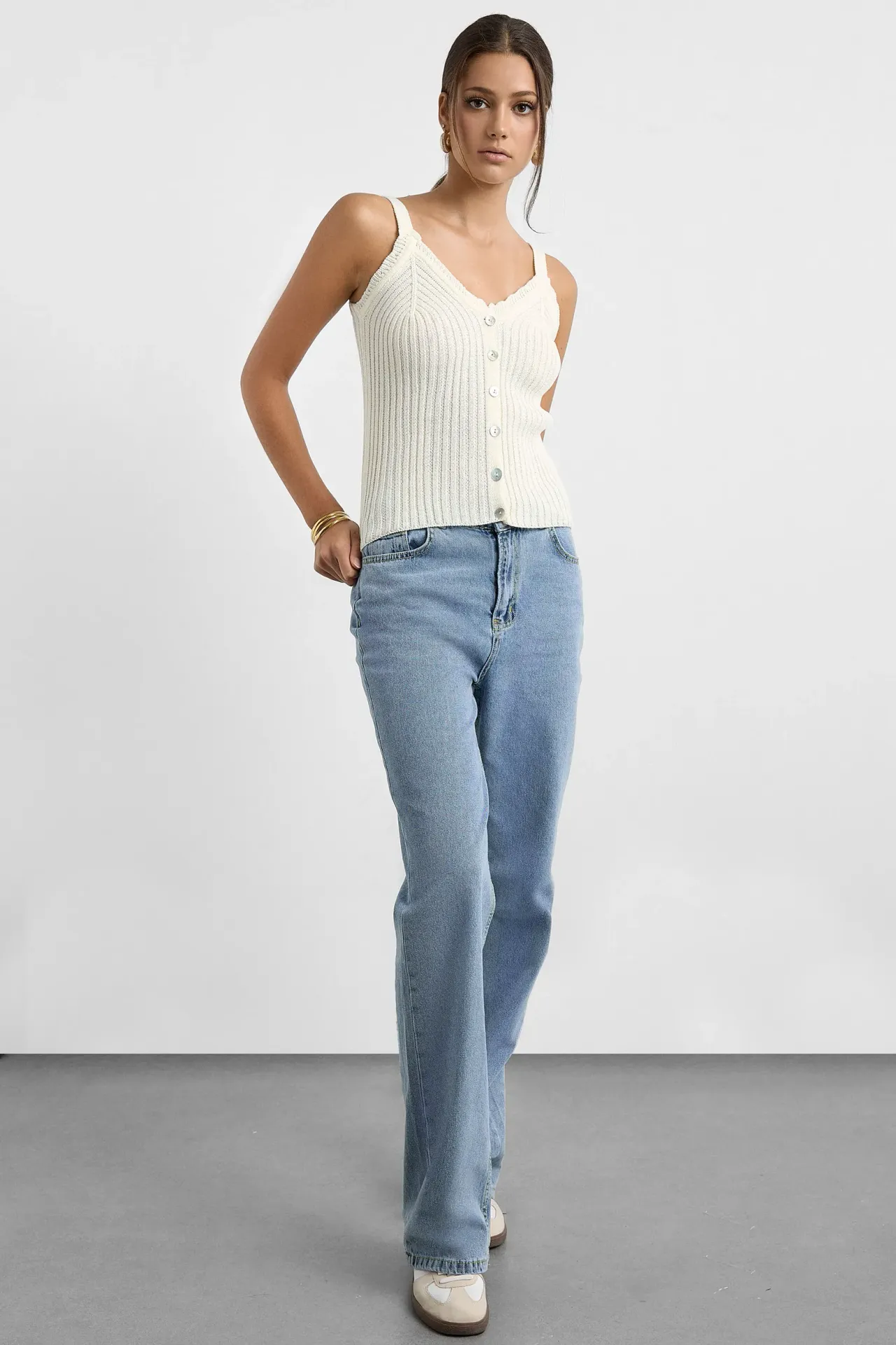 Knitted Button-Detail Sleeveless Blouse