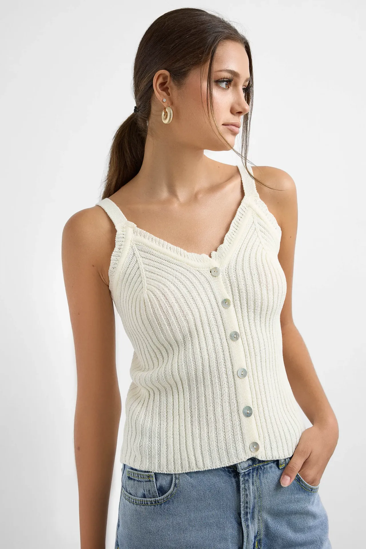Knitted Button-Detail Sleeveless Blouse