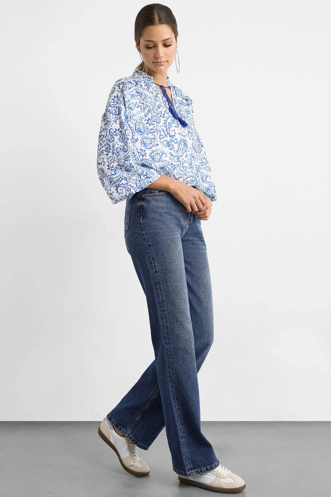 Printed Lace Up Blouse