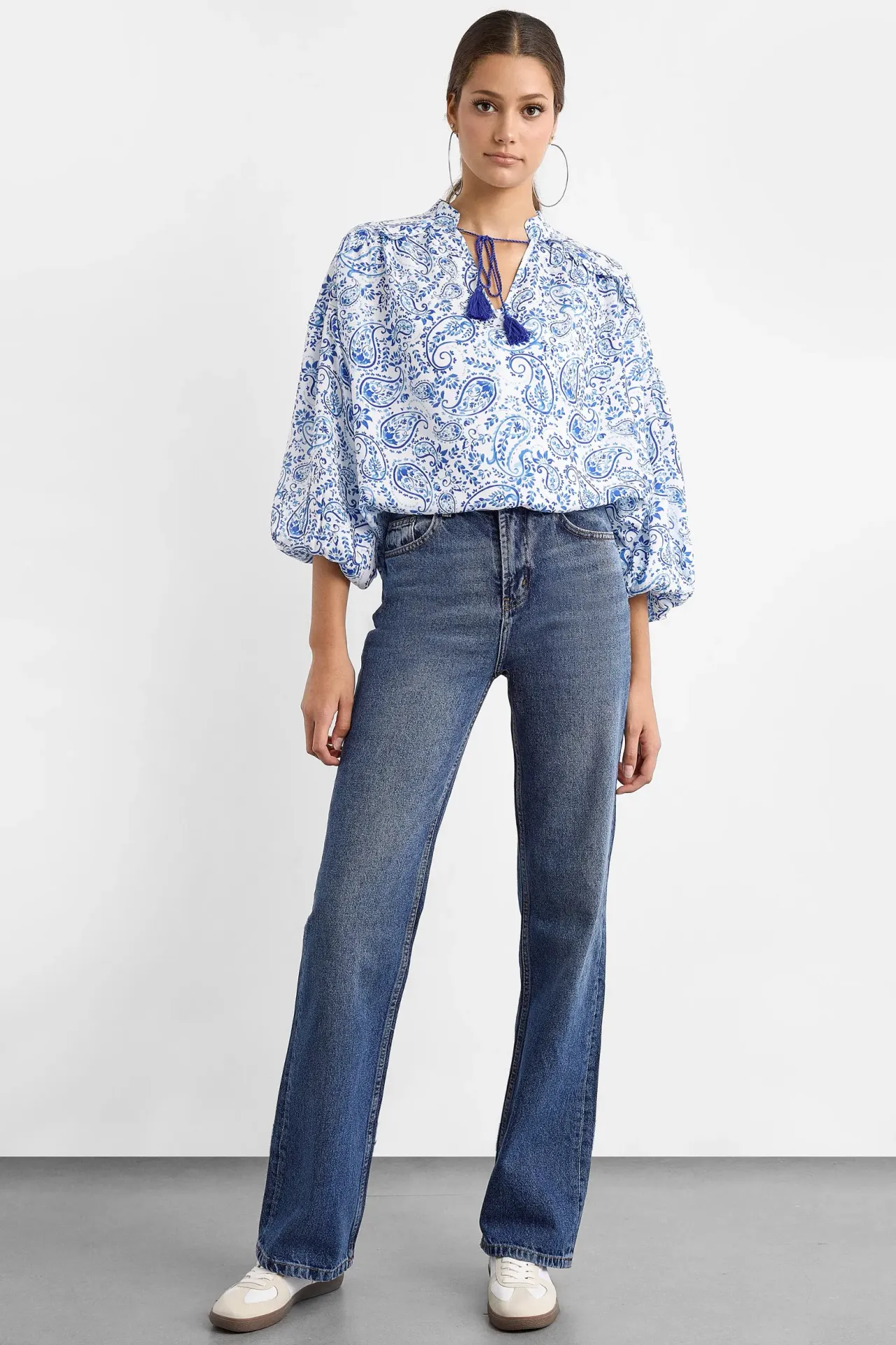 Printed Lace Up Blouse