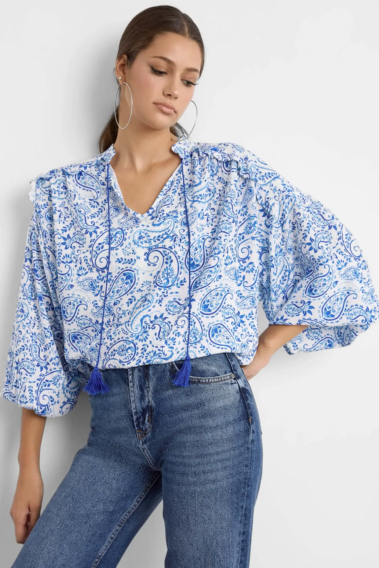 Printed Lace Up Blouse