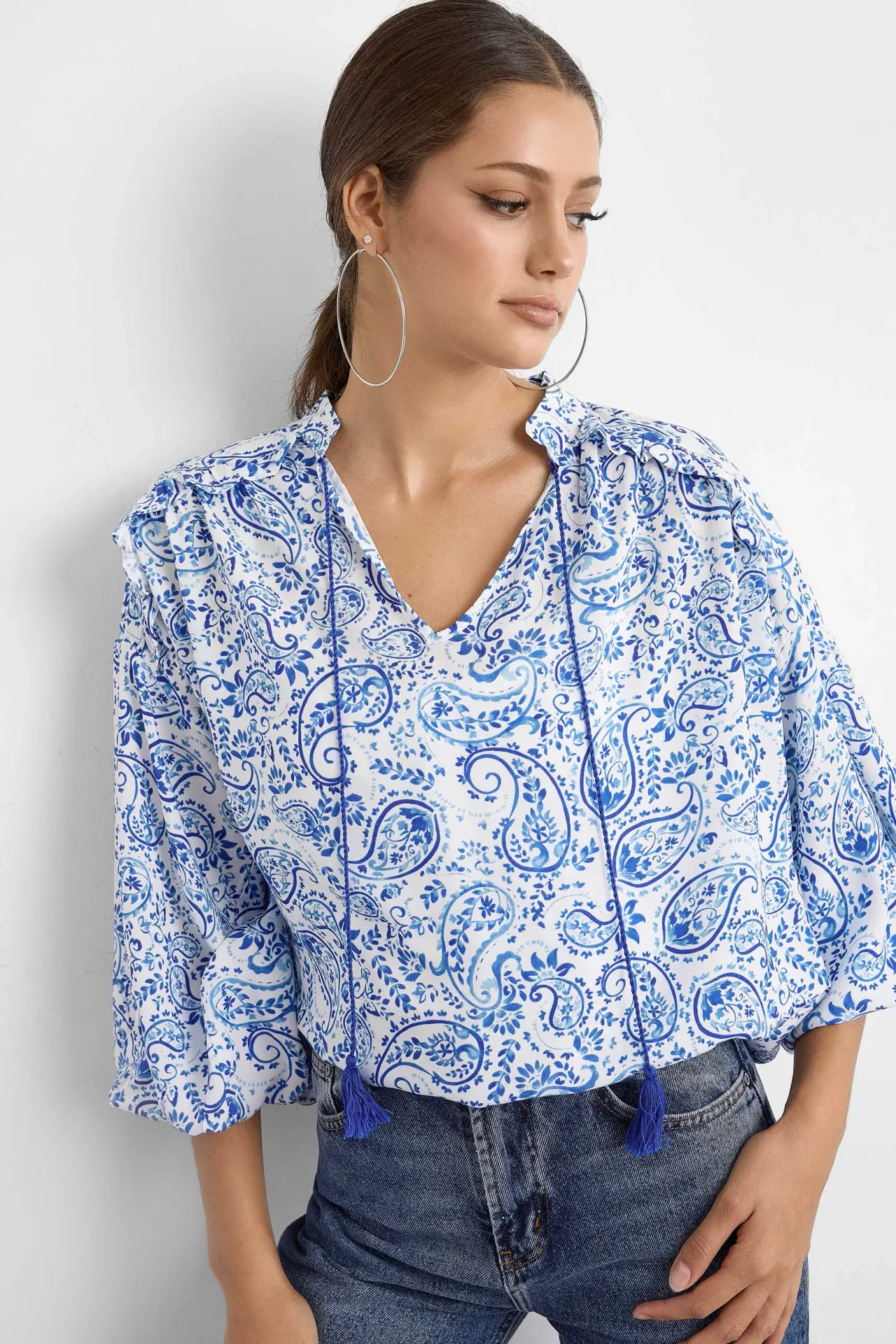 Printed Lace Up Blouse