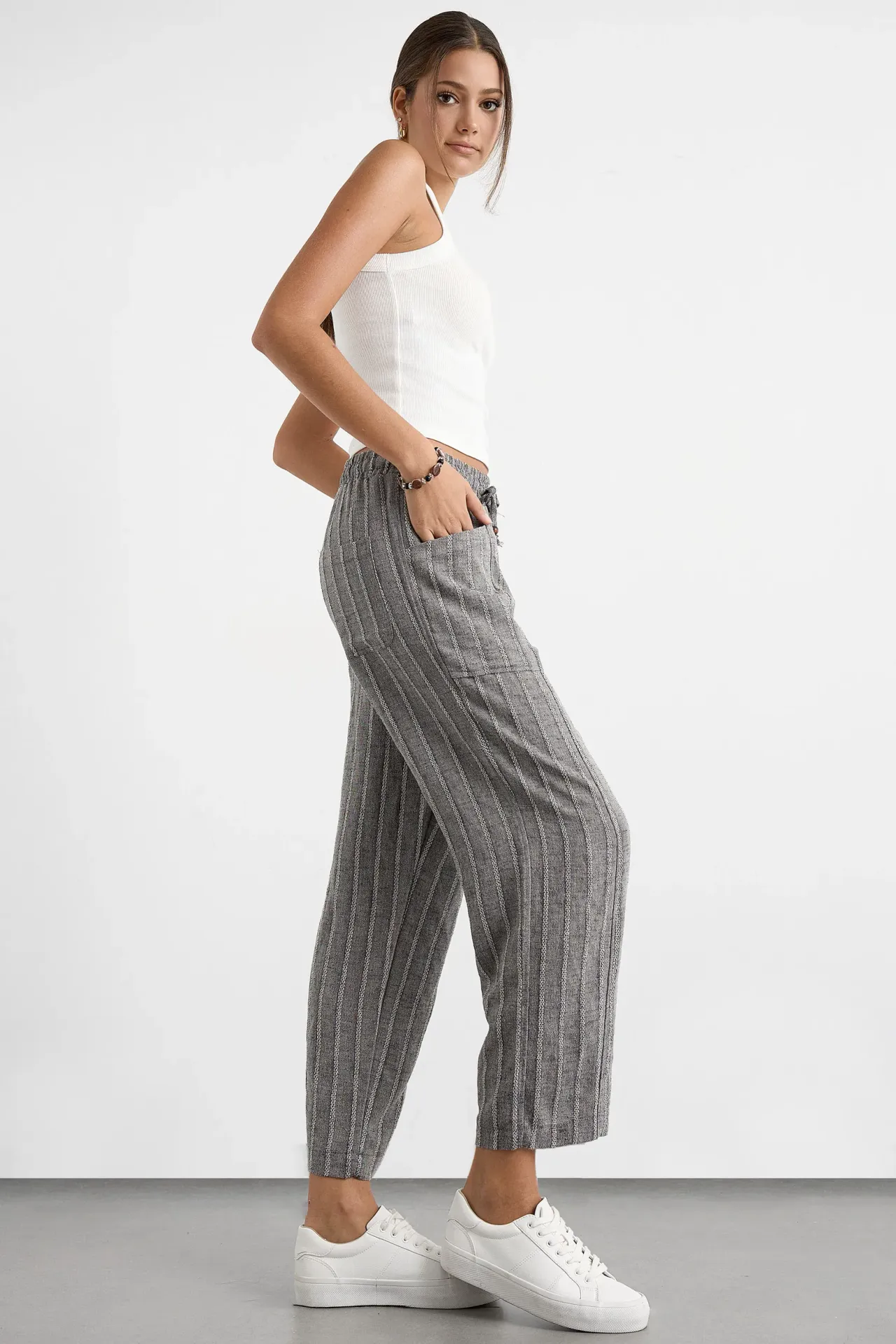 Striped Elastic Waist Straight-Leg Pants