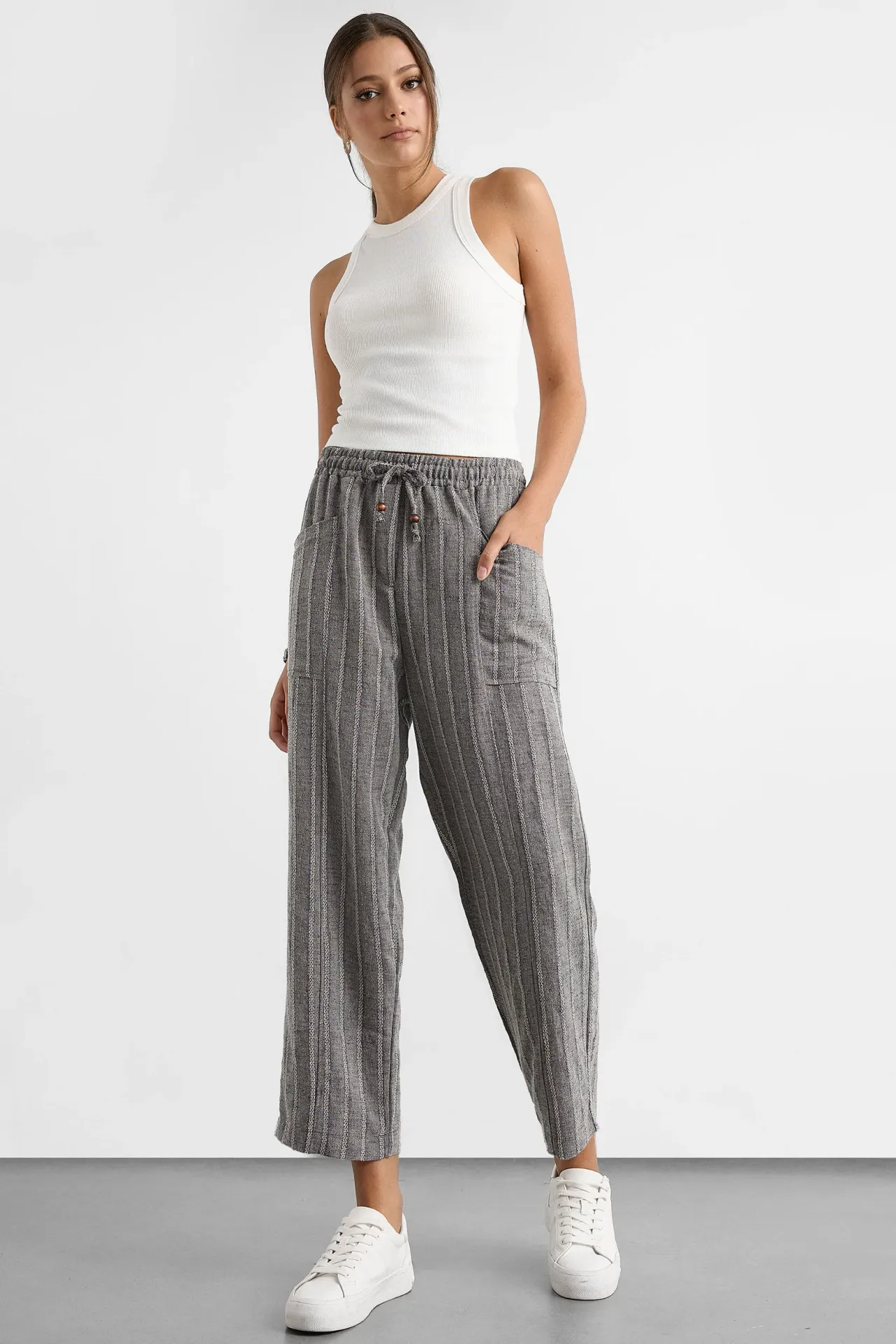 Striped Elastic Waist Straight-Leg Pants