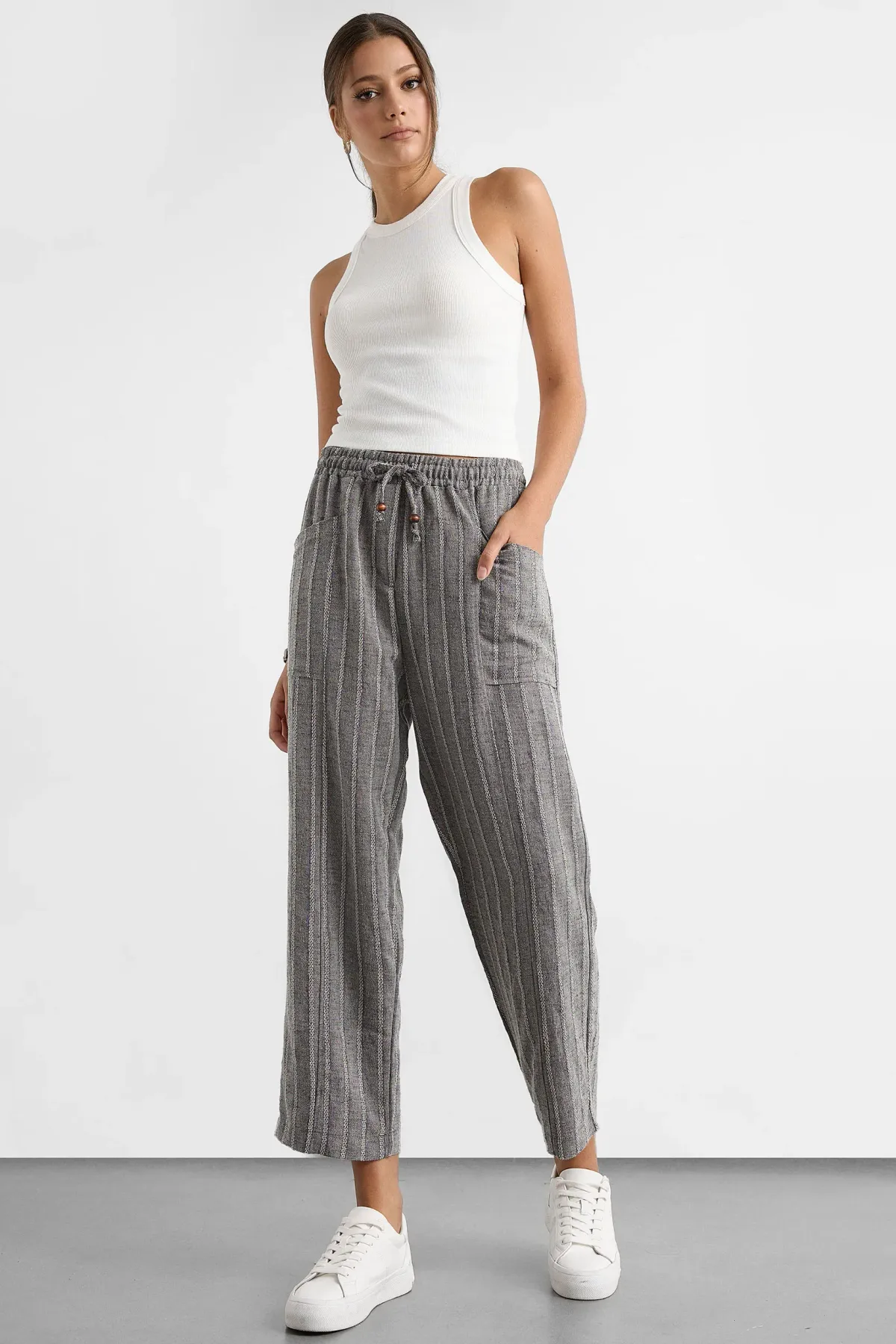Striped Elastic Waist Straight-Leg Pants 1