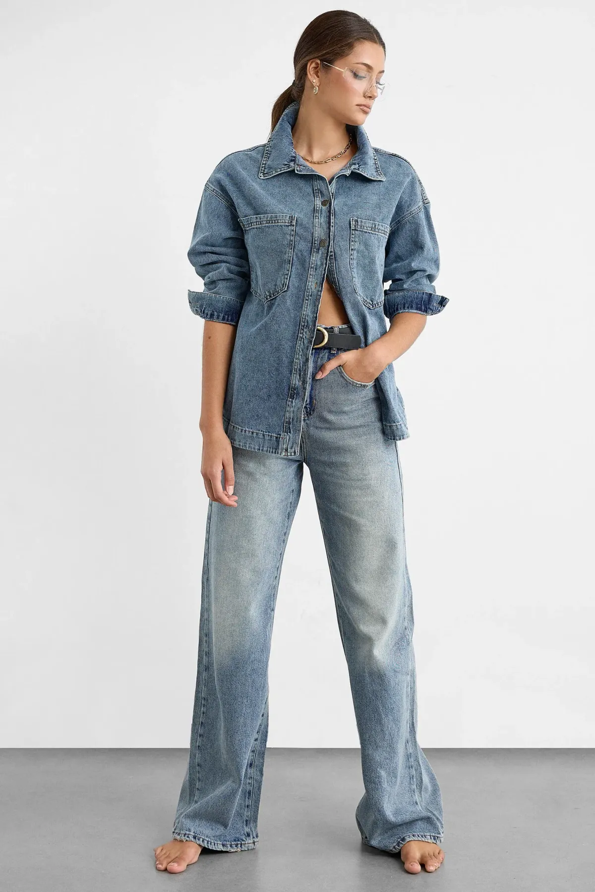 Oversized Washed Denim Coat with Patch Pockets 2