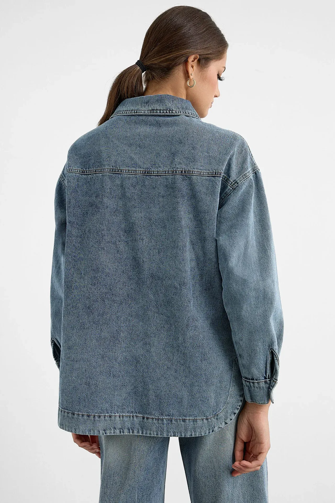 Oversized Washed Denim Coat with Patch Pockets