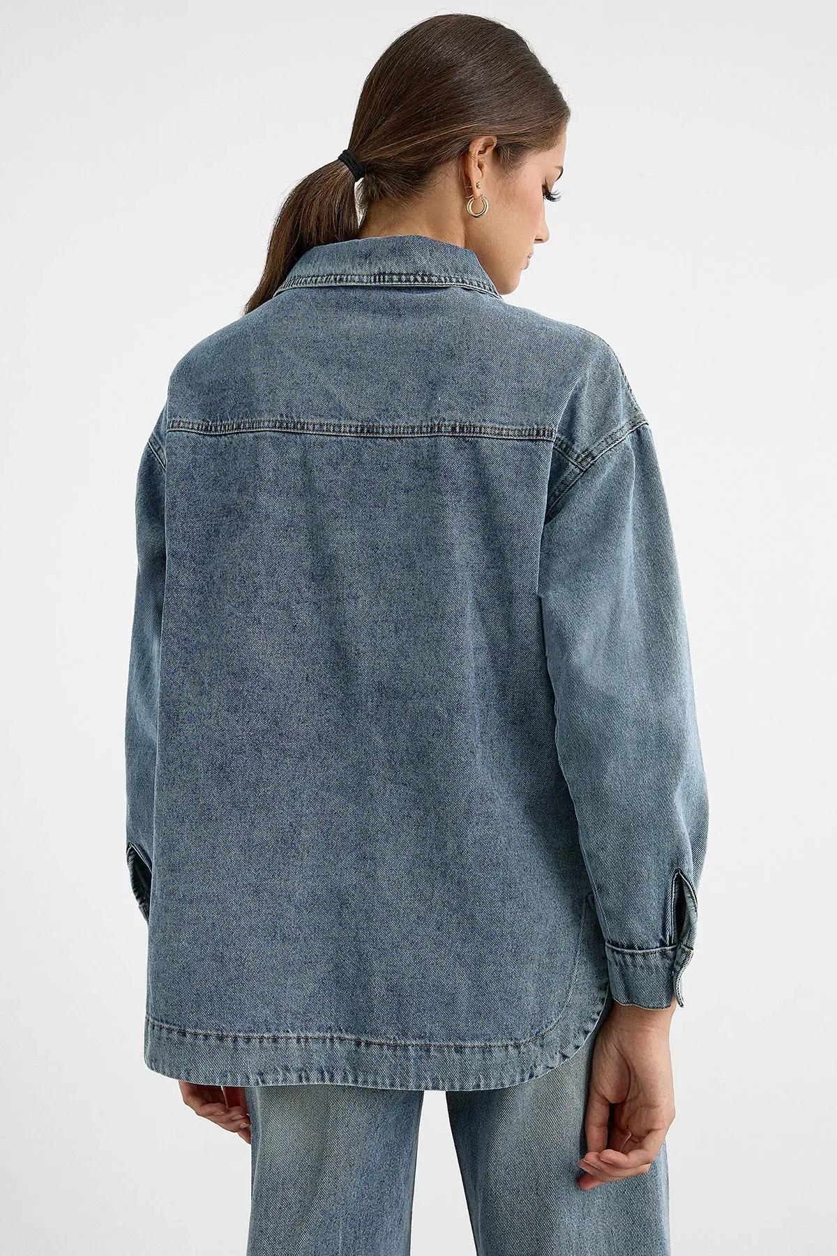 Oversized Washed Denim Coat with Patch Pockets 4