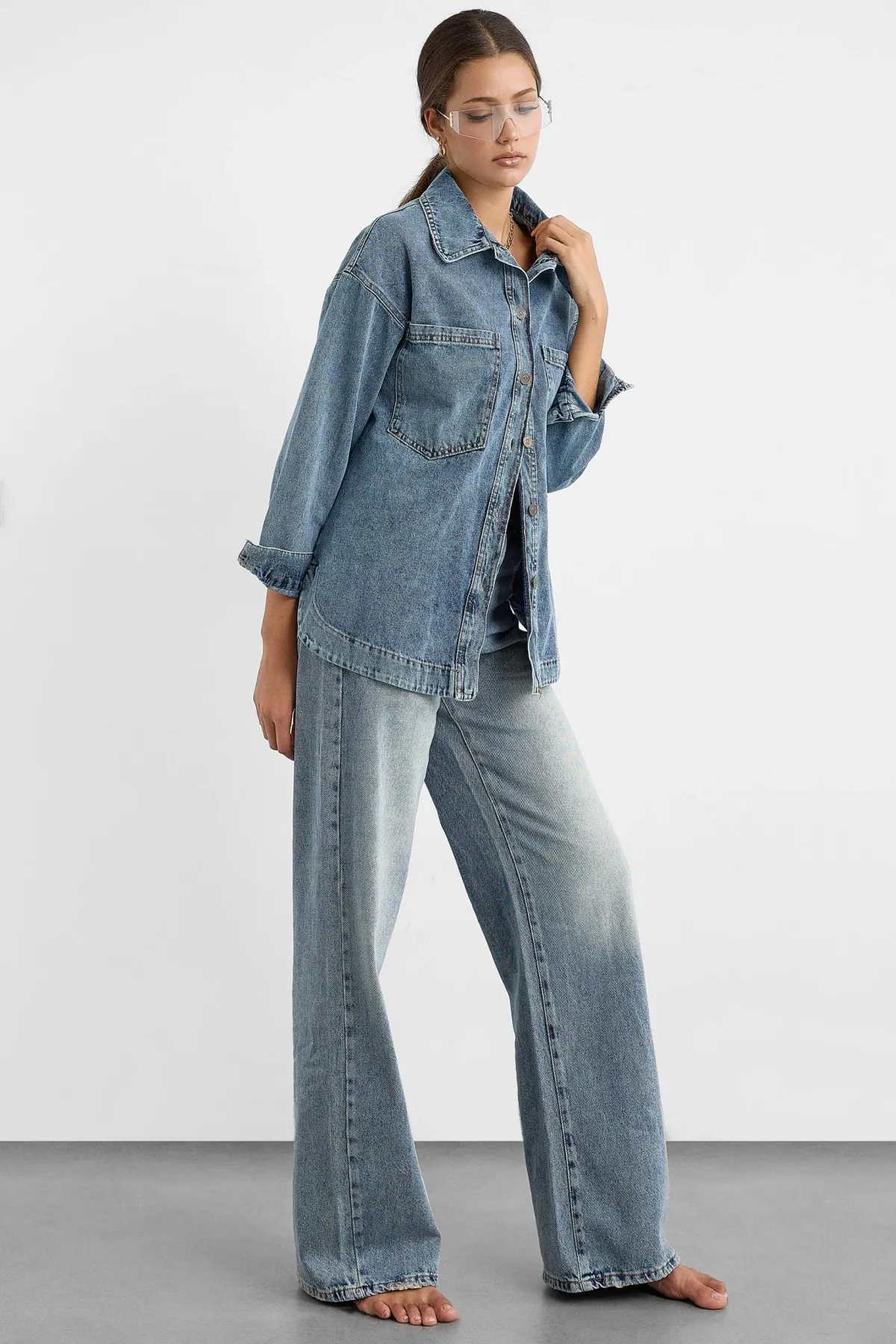 Oversized Washed Denim Coat with Patch Pockets 3
