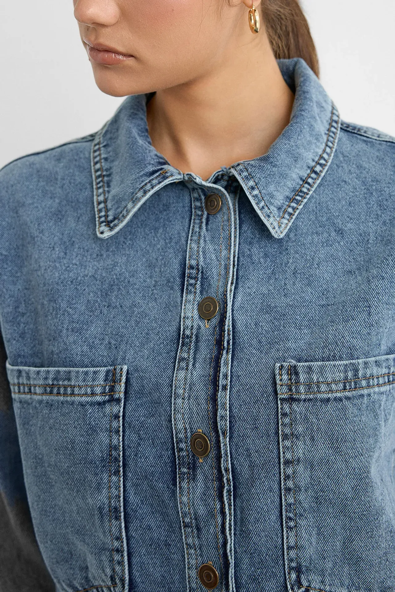 Oversized Washed Denim Coat with Patch Pockets