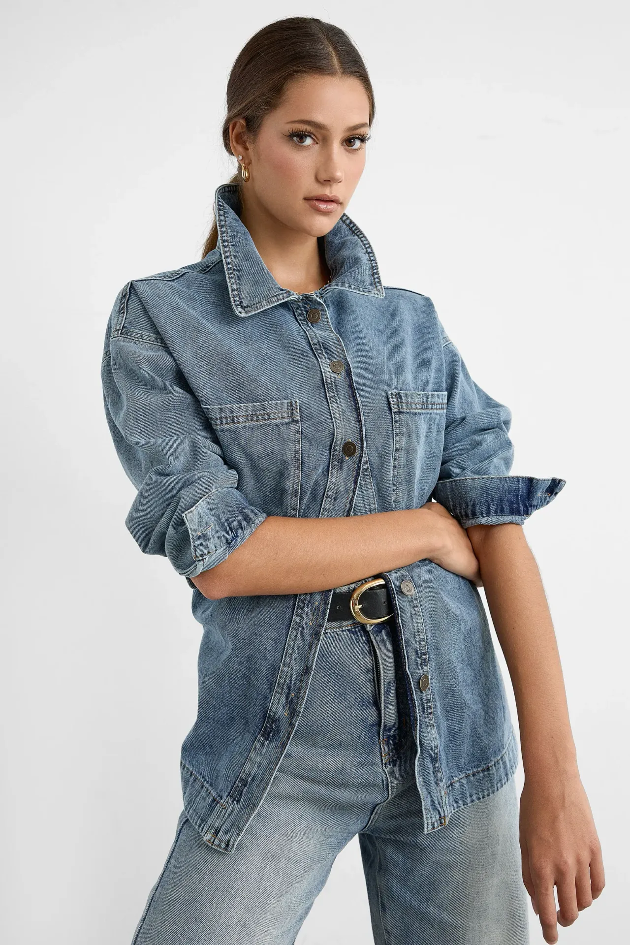 Oversized Washed Denim Coat with Patch Pockets