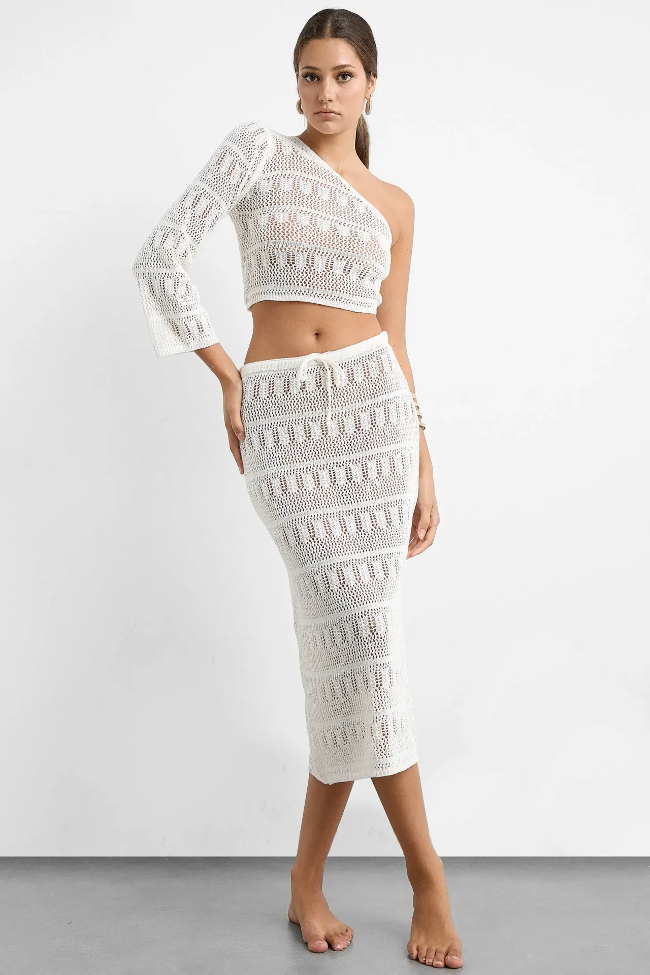 2 Pieces: One Shoulder Lace Crochet Crop Top & Lace Crochet High Waist Drawstring Midi Skirt