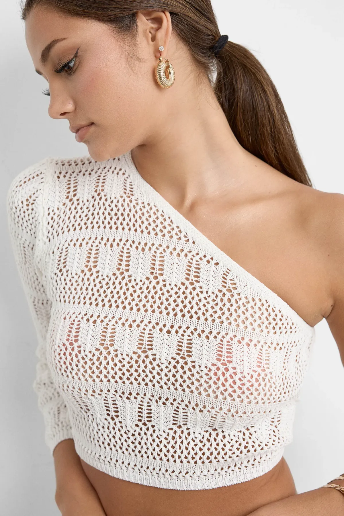 One Shoulder Lace Crochet Crop Top & Crochet Midi Skirt Coord 5