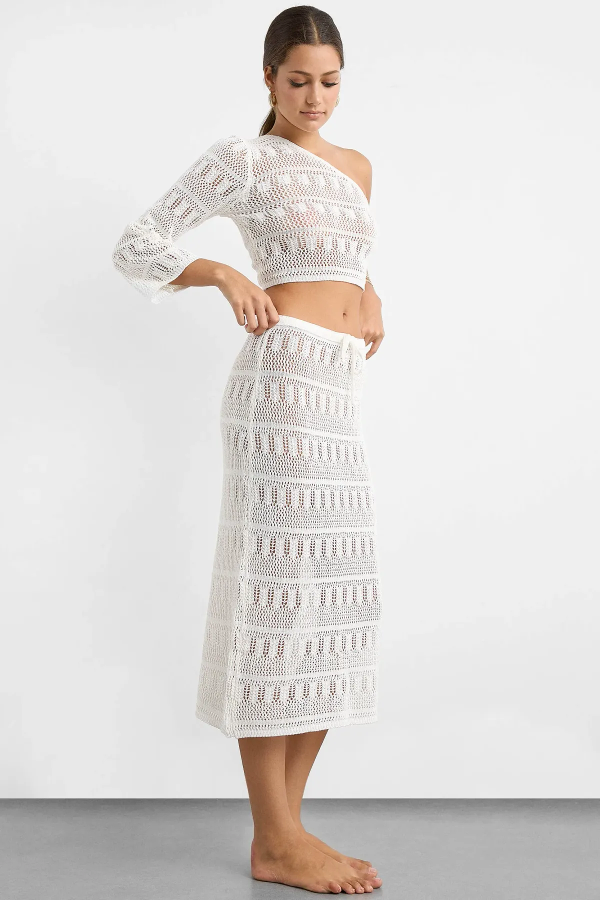 One Shoulder Lace Crochet Crop Top & Crochet Midi Skirt Coord 3