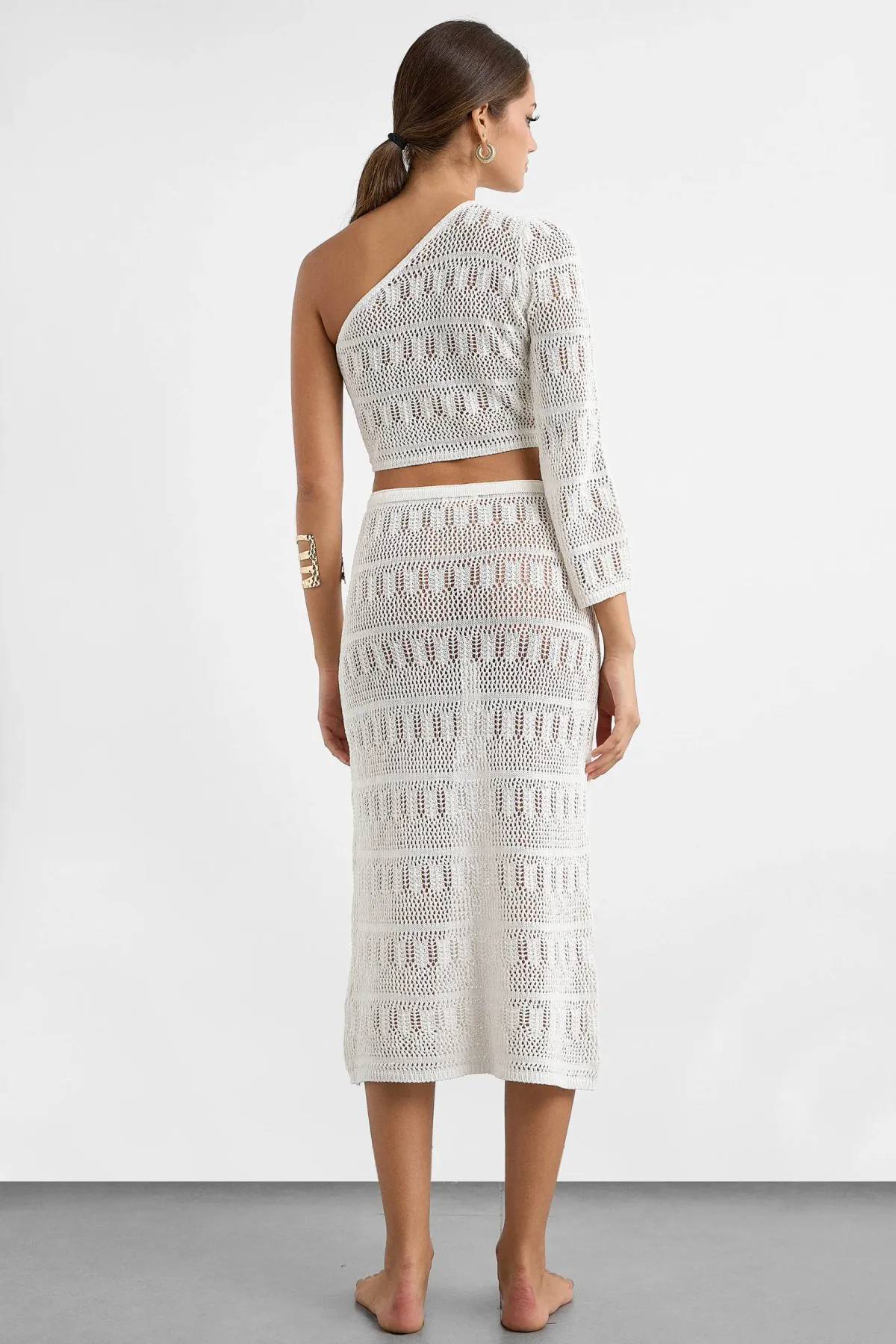 One Shoulder Lace Crochet Crop Top & Crochet Midi Skirt Coord 4