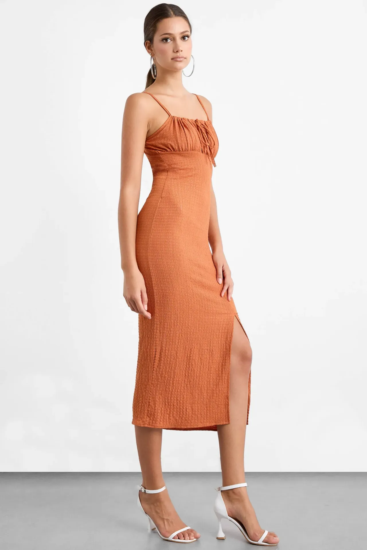 Smocked Square Neck Spaghetti Strap Tie Front Midi Dress with a Side Slit