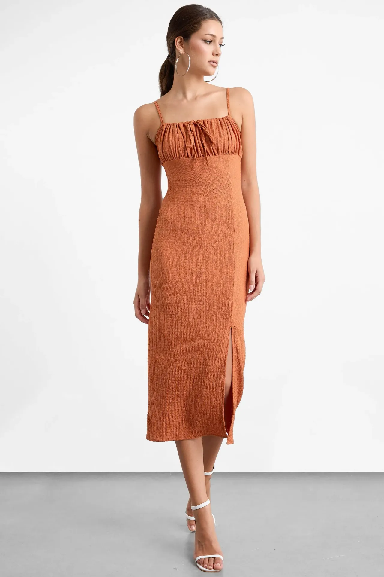 Smocked Square Neck Spaghetti Strap Tie Front Midi Dress with a Side Slit