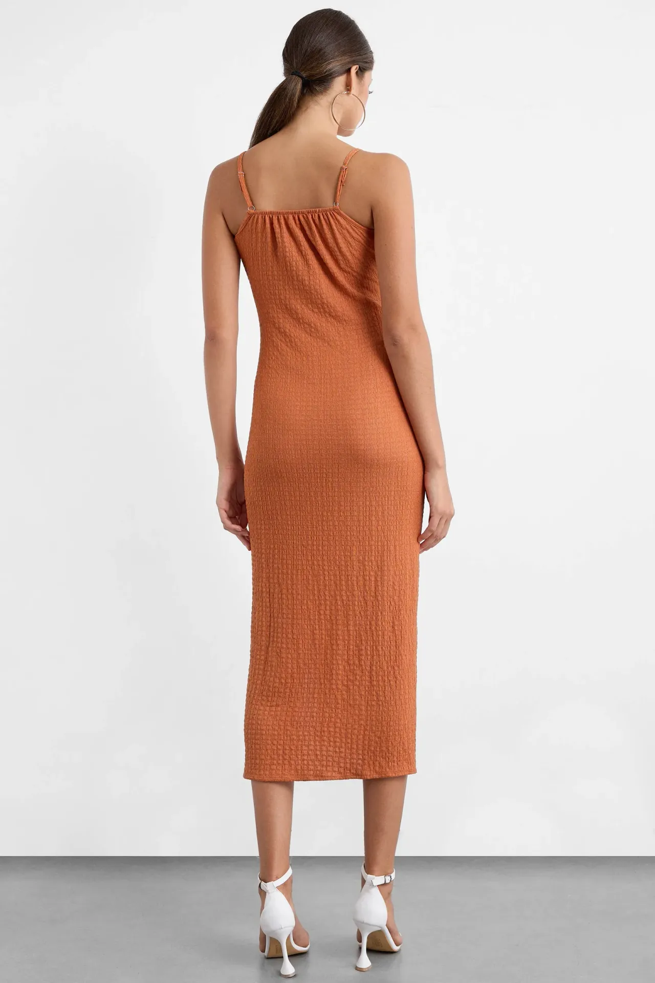 Smocked Square Neck Spaghetti Strap Tie Front Midi Dress with a Side Slit