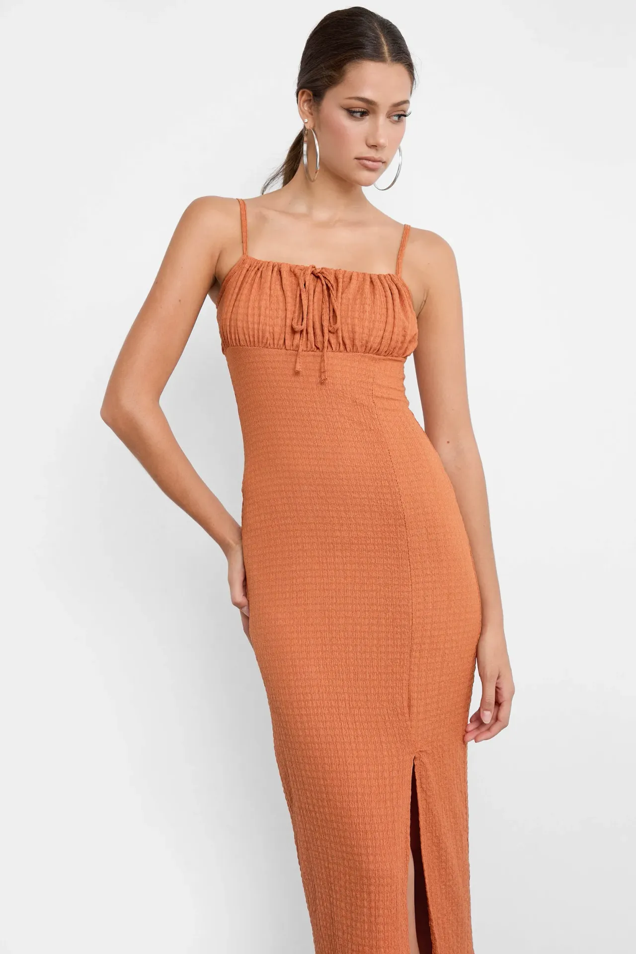 Smocked Square Neck Spaghetti Strap Tie Front Midi Dress with a Side Slit