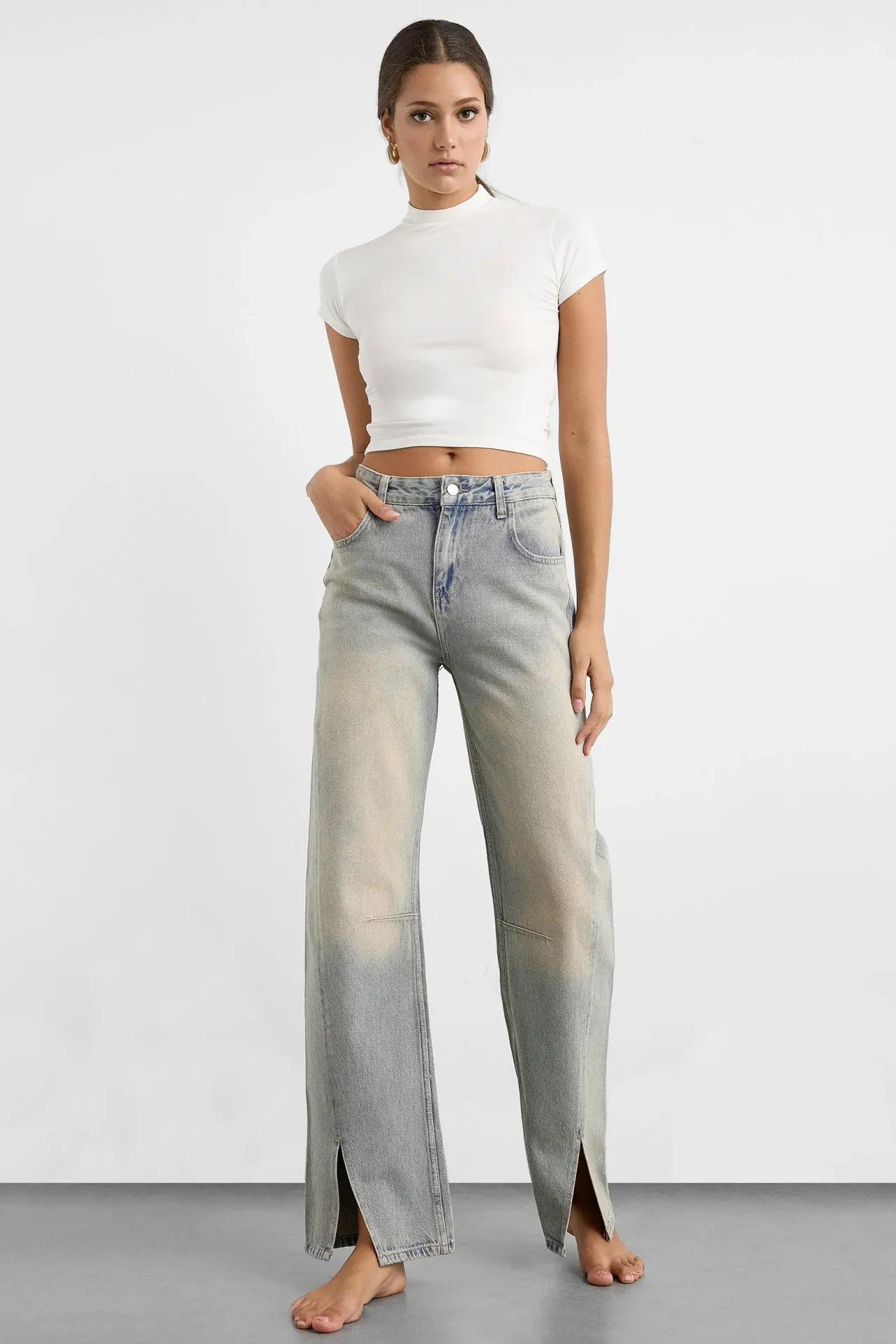 Mid Rise Side Slit Straight Leg Jeans