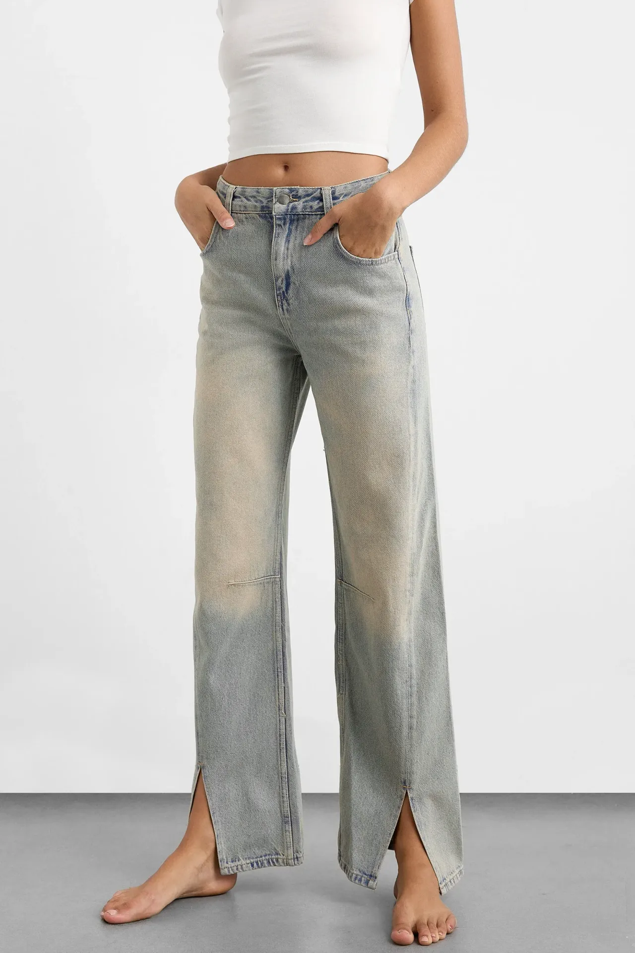 Mid Rise Side Slit Straight Leg Jeans