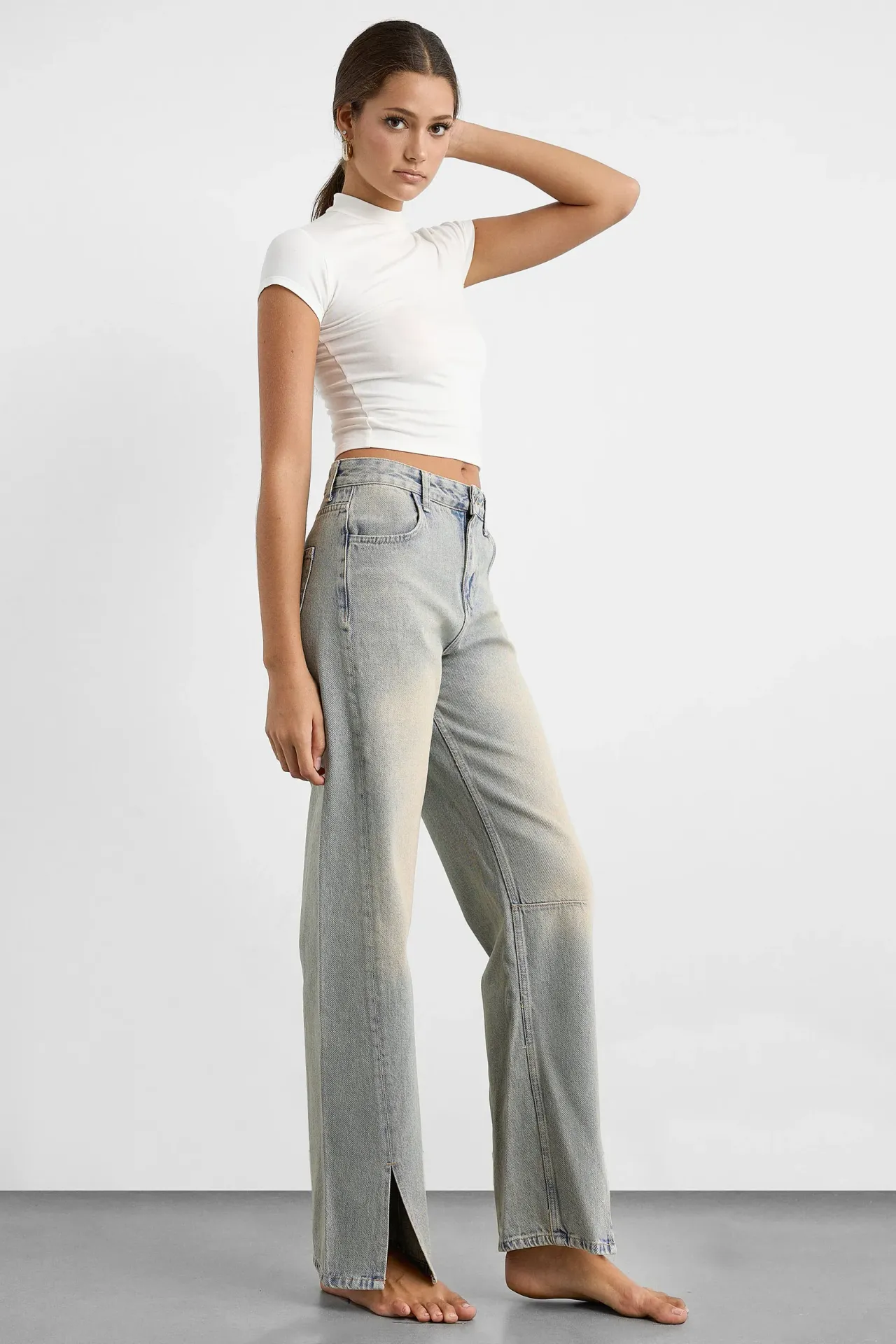 Mid Rise Side Slit Straight Leg Jeans