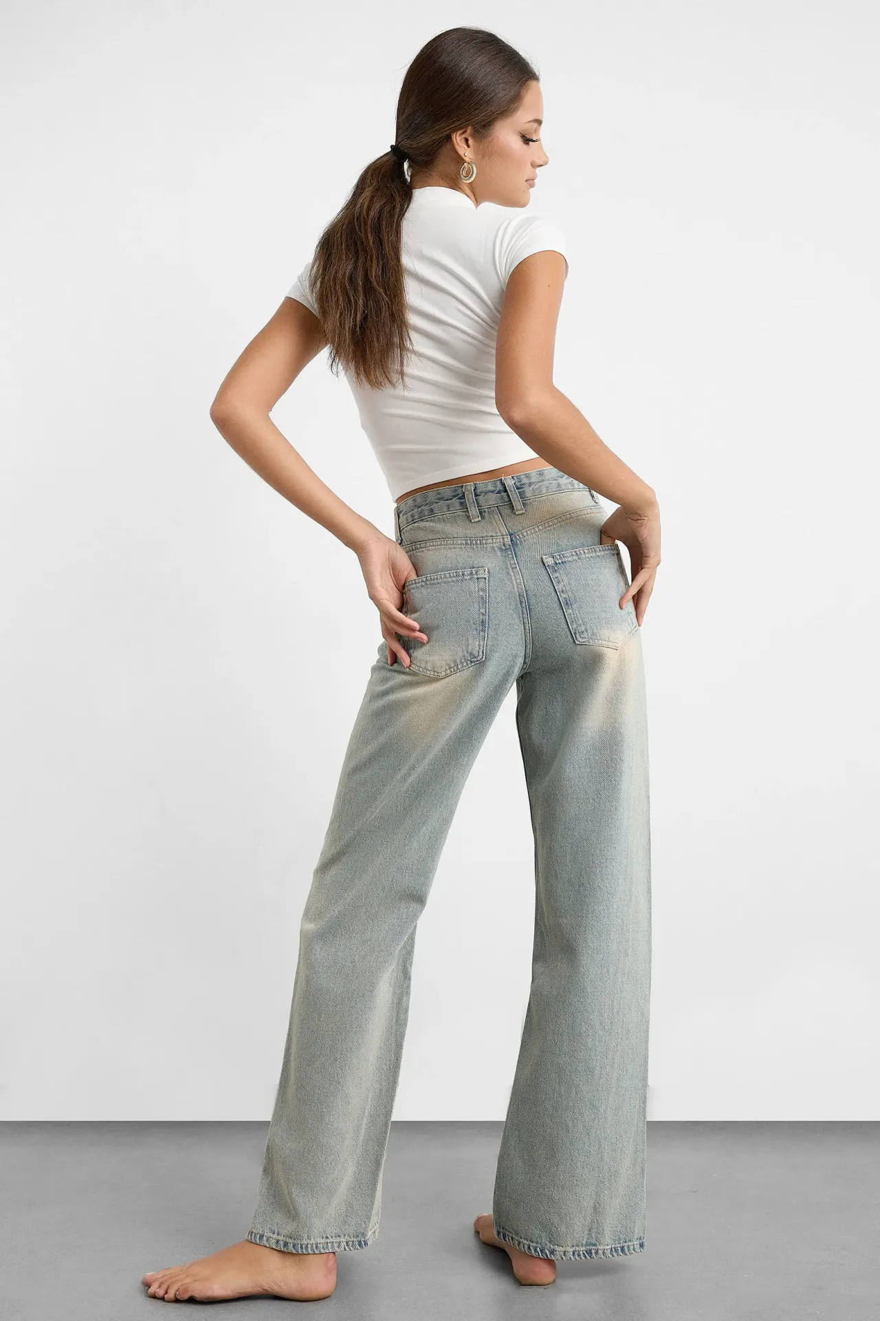 Mid Rise Side Slit Straight Leg Jeans