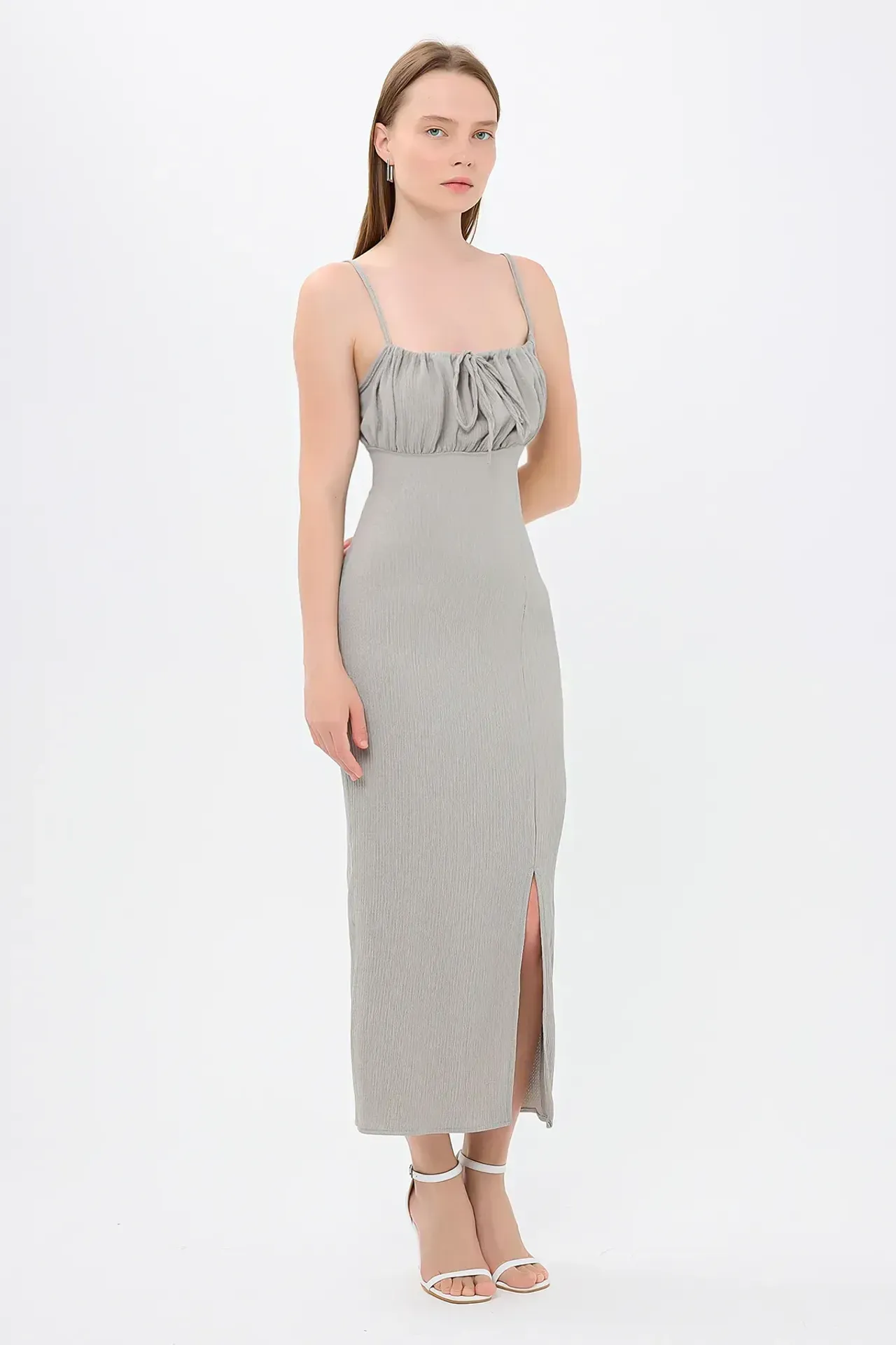Smocked Square Neck Tie Front Midi Dress with Side Slit