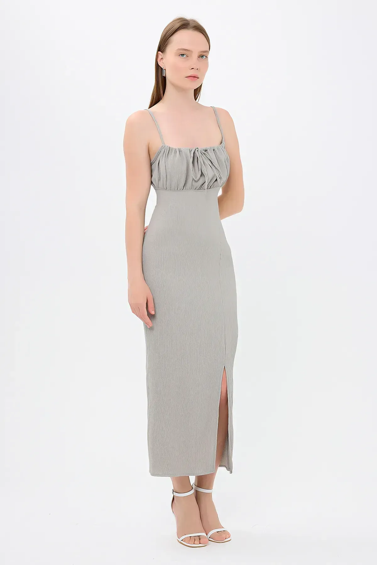 Smocked Square Neck Tie Front Midi Dress with Side Slit 3