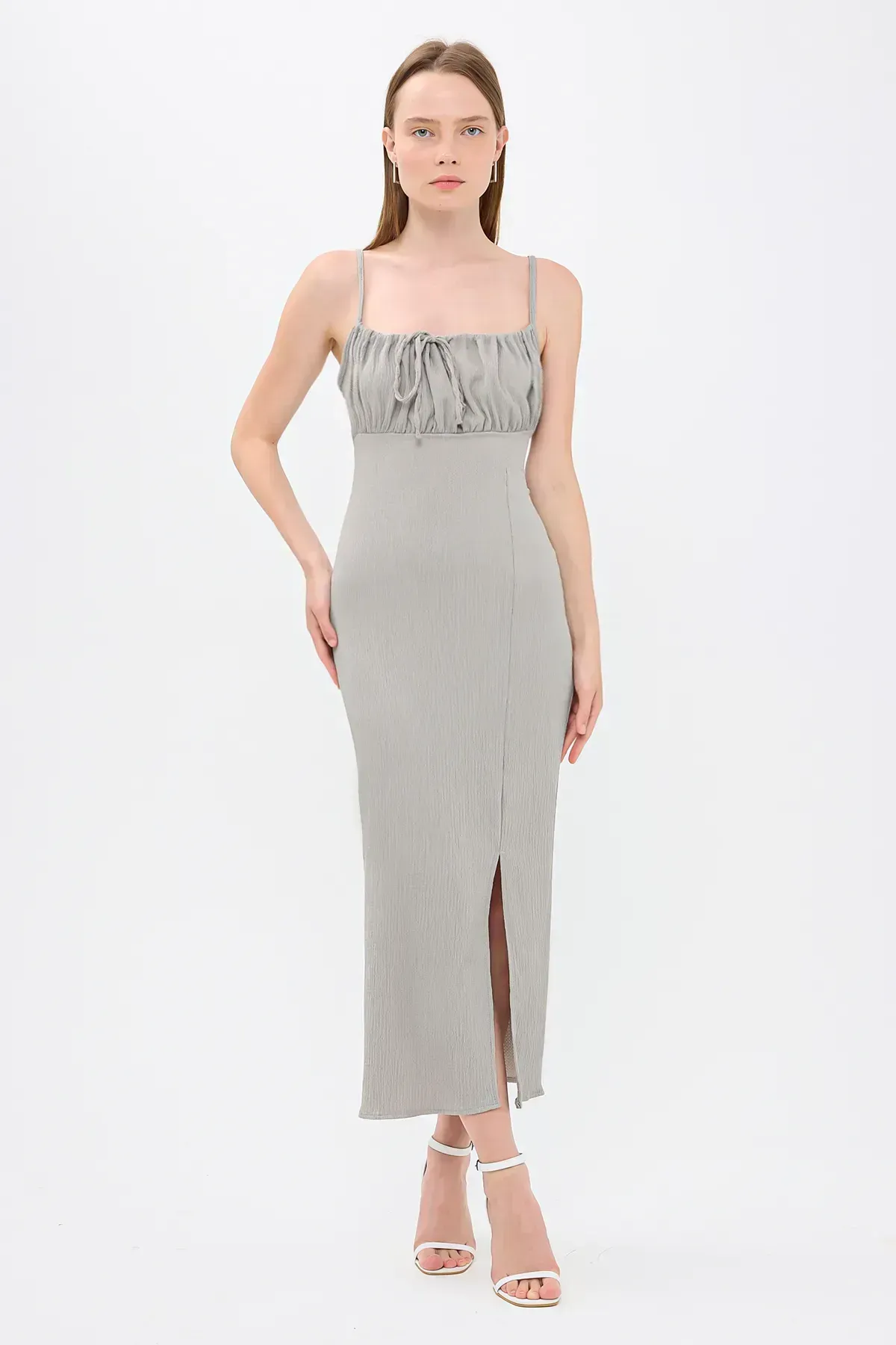 Smocked Square Neck Tie Front Midi Dress with Side Slit 2