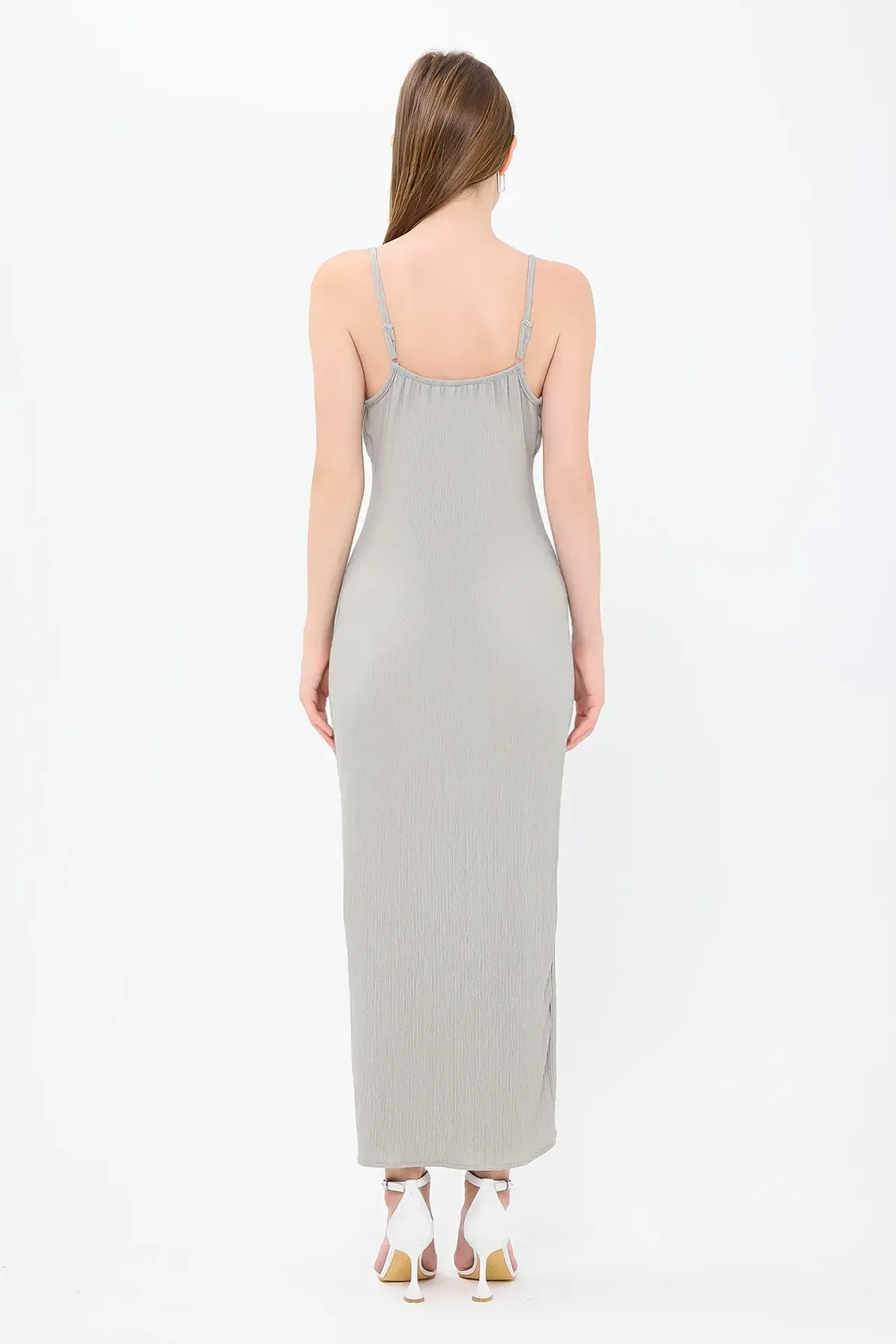 Smocked Square Neck Tie Front Midi Dress with Side Slit