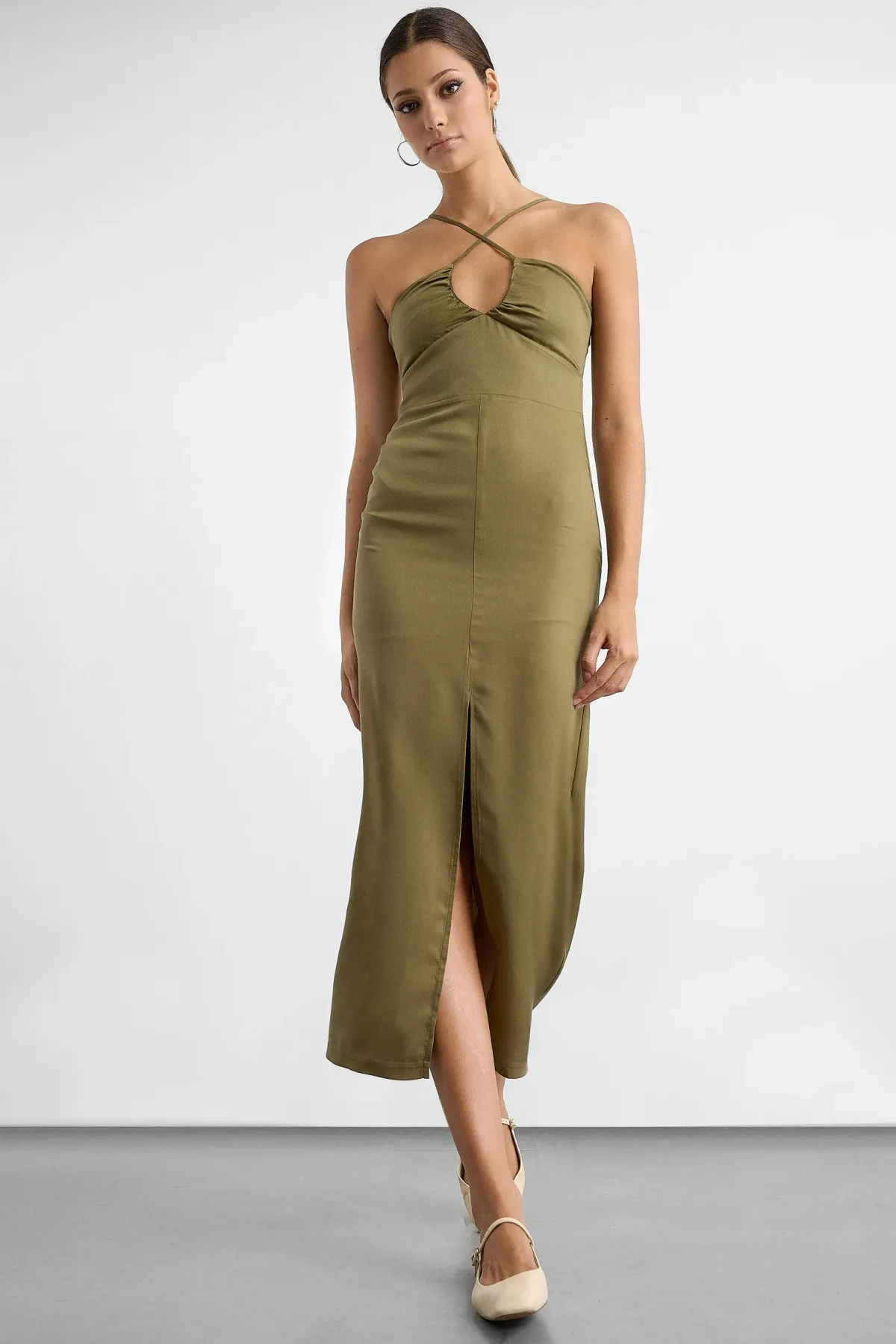 Cross Neck Bodycon Midi Dress with Slit and Drawstring Detail 2