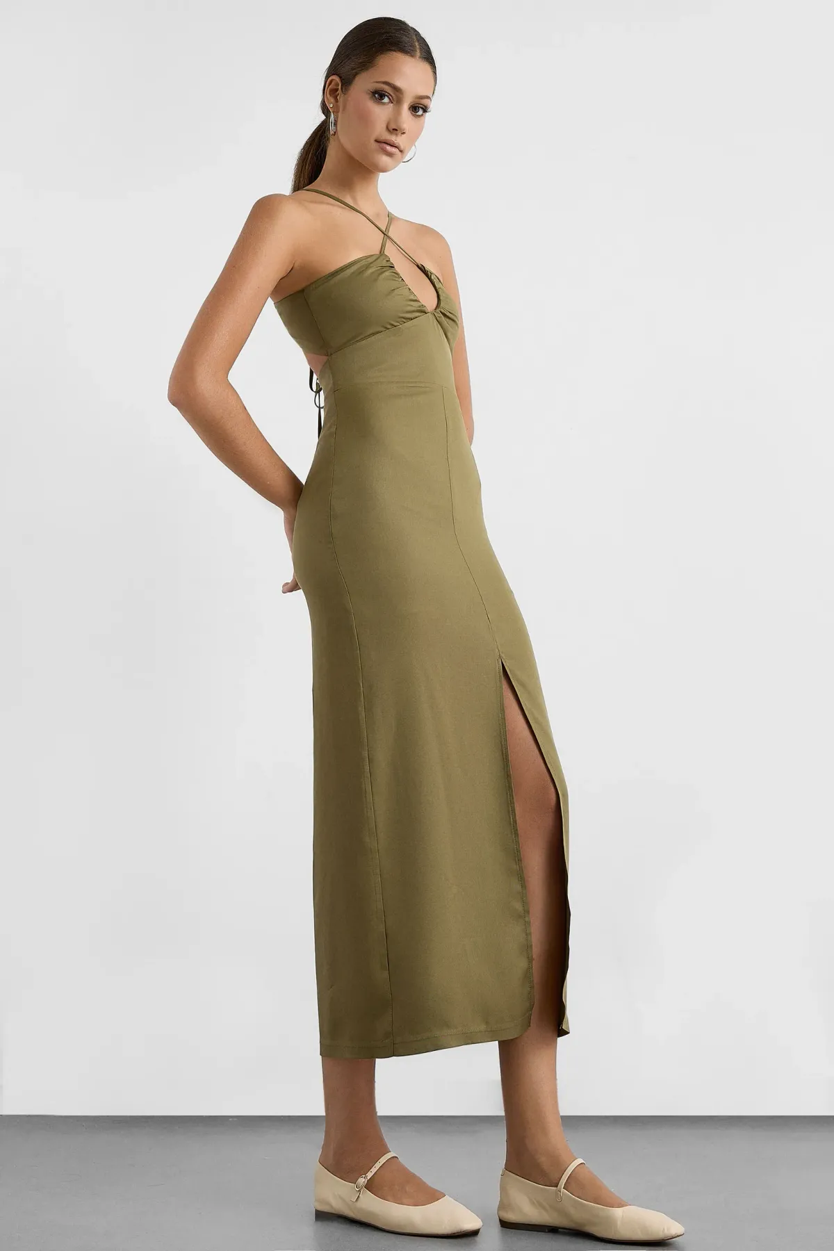 Cross Neck Bodycon Midi Dress with Slit and Drawstring Detail 3