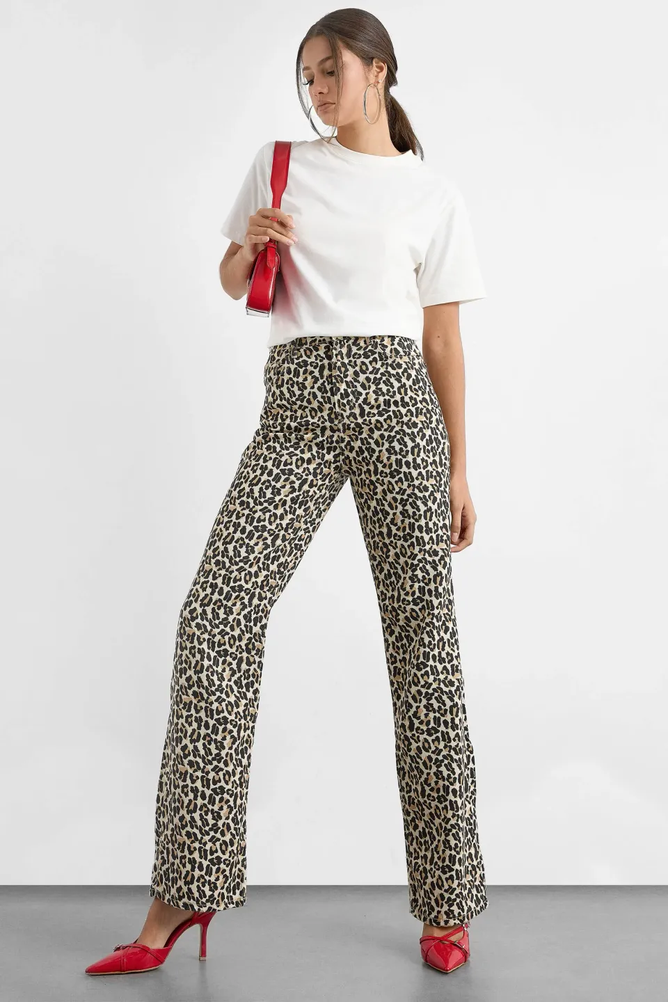 Cotton Animal Printed High Waist Straight Leg Trousers