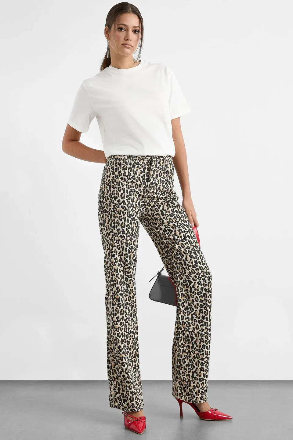 Cotton Animal Printed High Waist Straight Leg Trousers