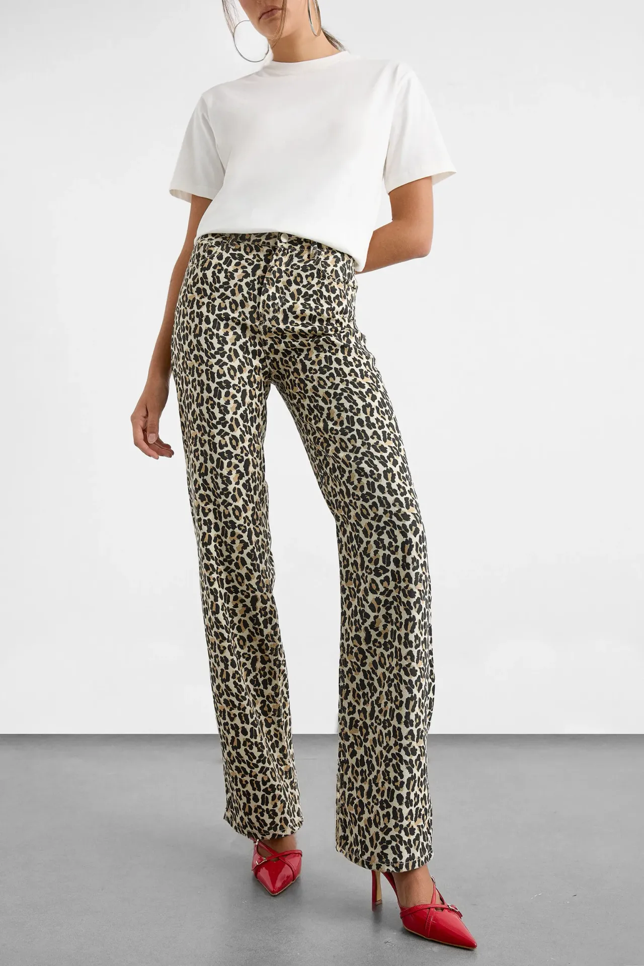 Cotton Animal Printed High Waist Straight Leg Trousers