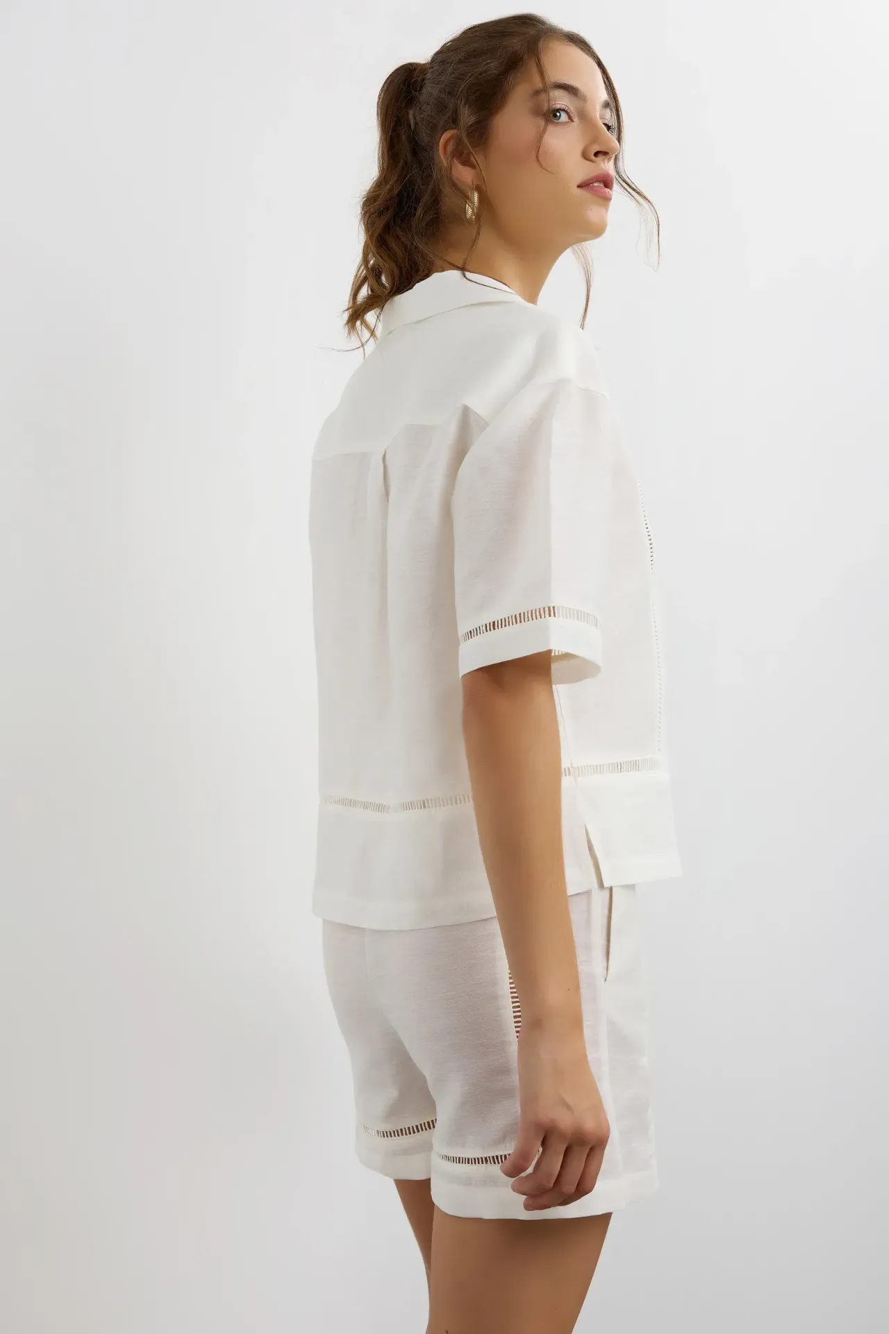 Linen Short Sleeve Shirt with Cutout Detail 