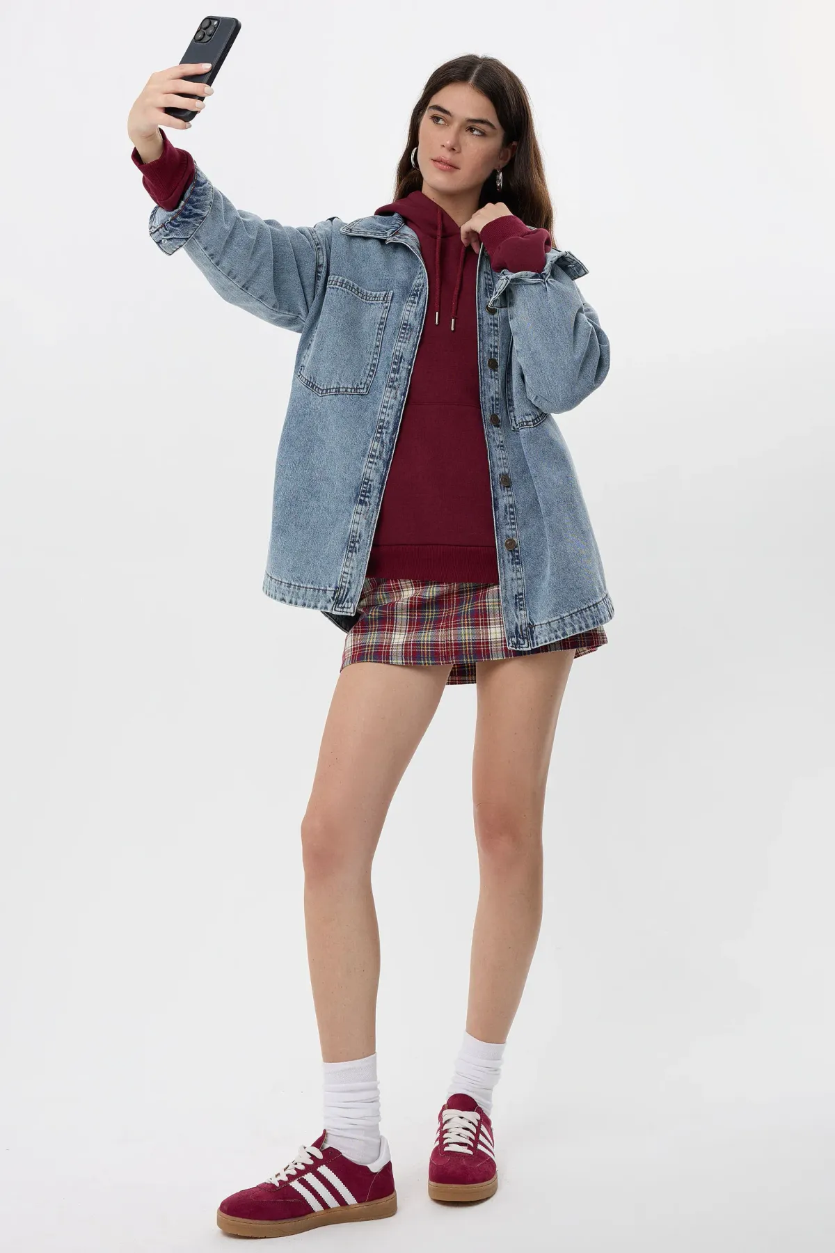 Oversized Washed Denim Coat with Patch Pockets 1